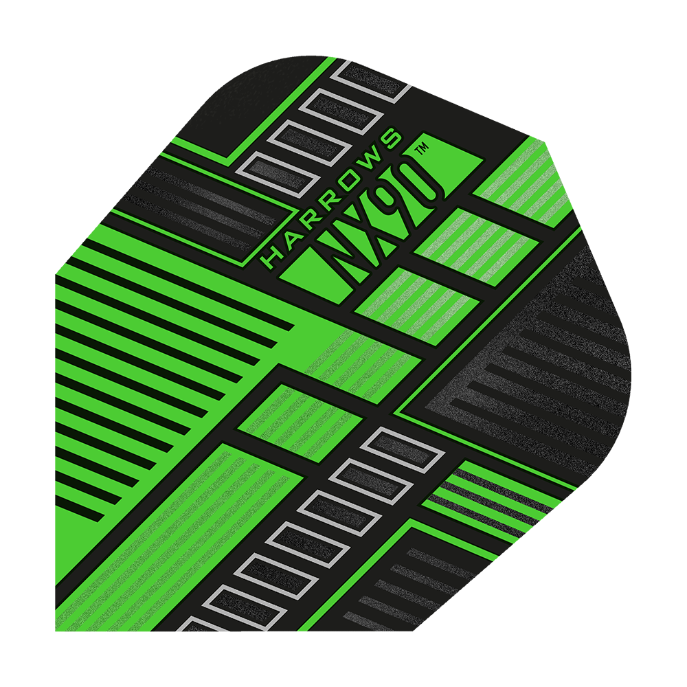 HR49_Harrows_Prime_NX90_Green_No6_Flights_1ro0TifX8aStsG Das Bild zeigt ein Harrows Prime NX90 Green Flight für Darts. Das Flight ist hauptsächlich schwarz und grün mit einem modernen, geometrischen Muster.