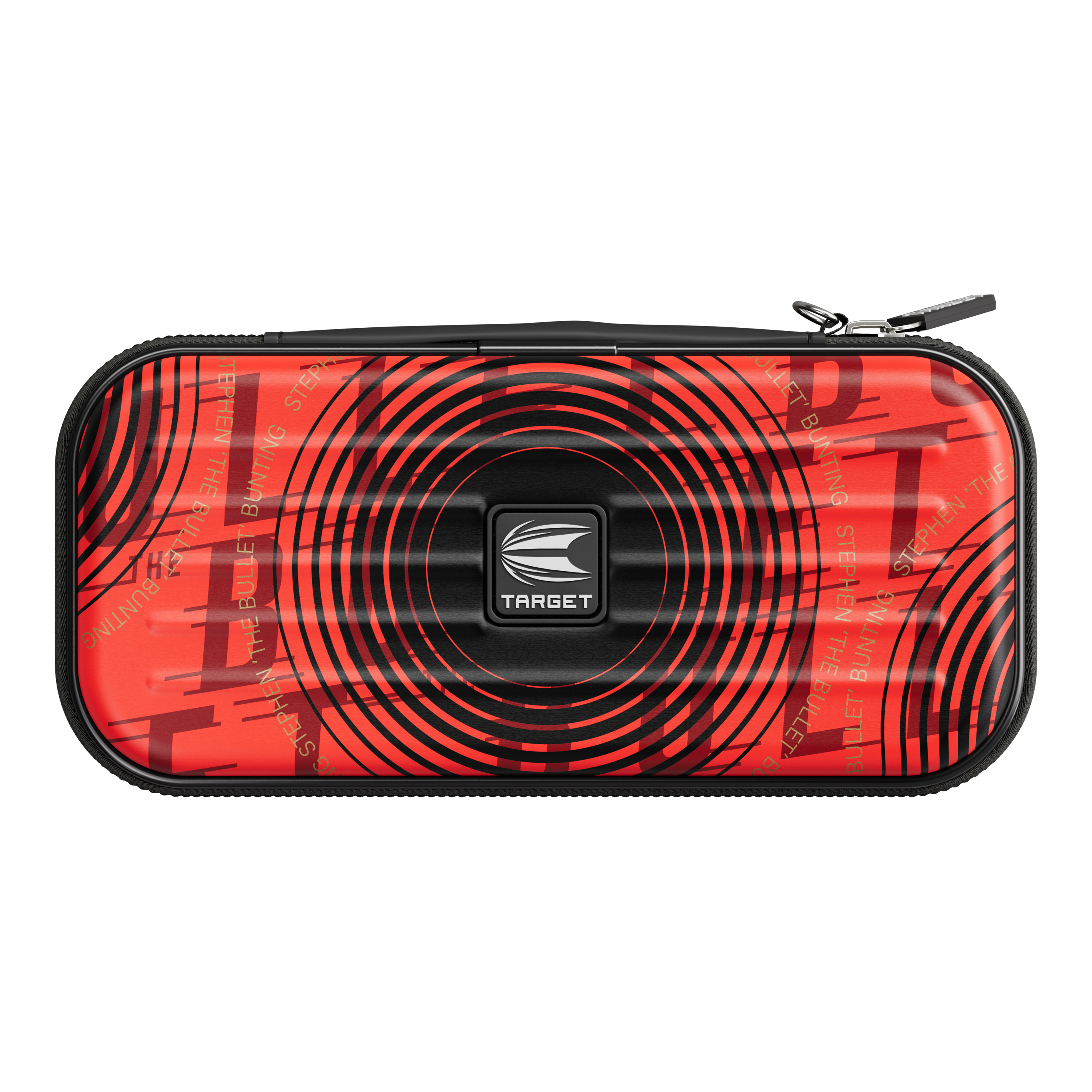 Target Takoma Stephen Bunting dart case Das Bild zeigt das Target Takoma Stephen Bunting Dartcase in einem auffälligen roten Design mit schwarzen Kreisen. In der Mitte befindet sich das Target-Logo und das Etui hat einen Reißverschluss.