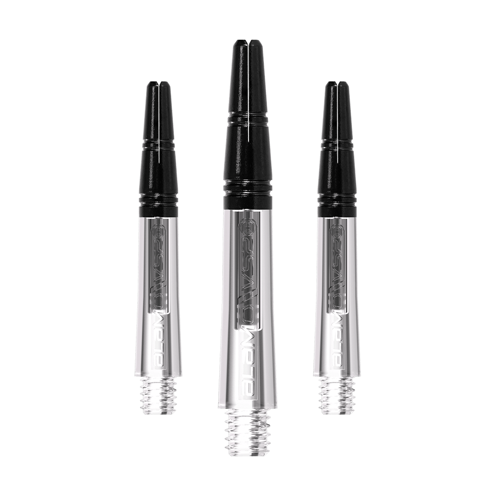 Harrow's Alamo VS2 Shafts - Clear Das Bild zeigt drei klare Dartschäfte mit schwarzem oberen Teil. Die Schäfte sind nebeneinander angeordnet und haben ein Schraubgewinde am unteren Ende.