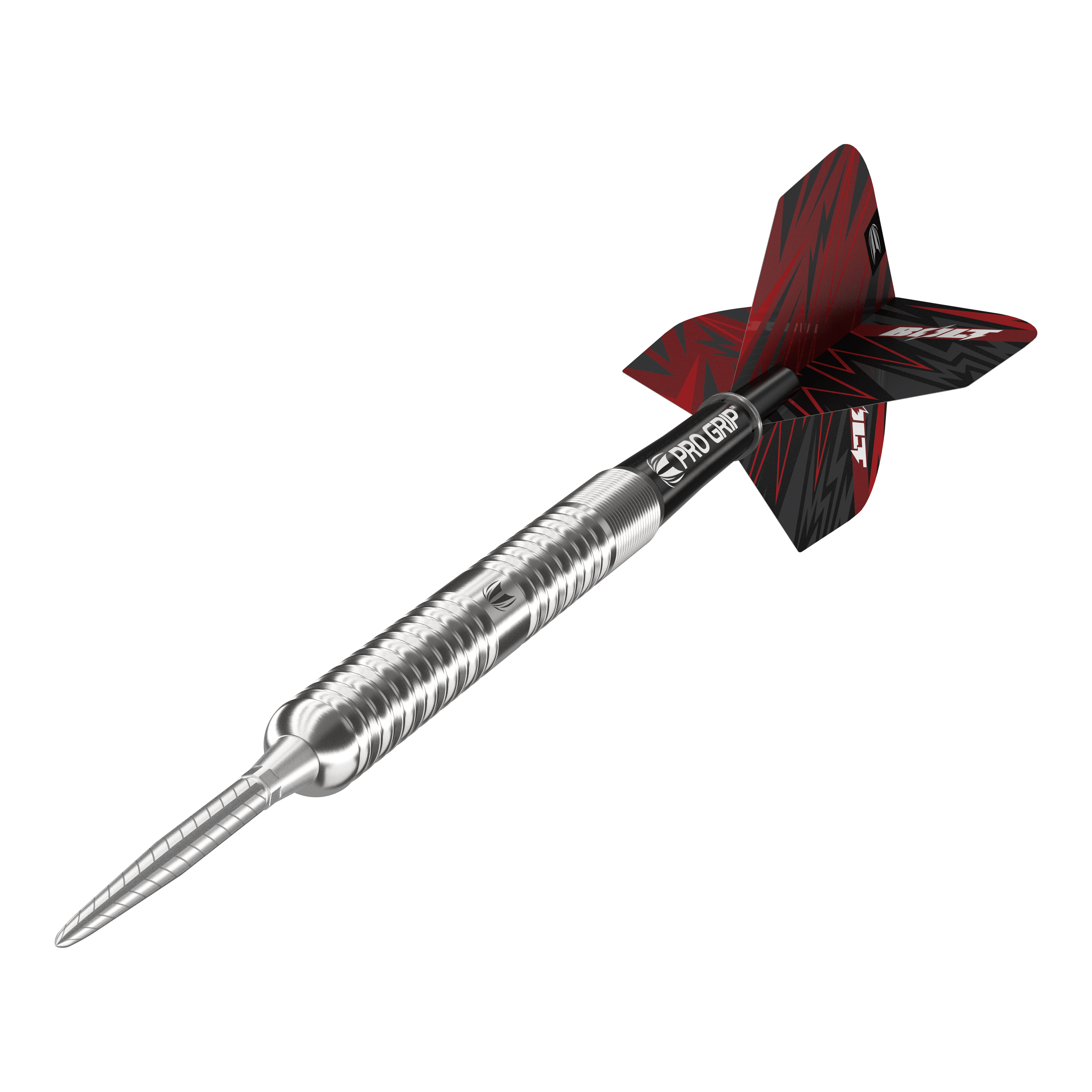 Target Sebastian Bialecki GEN1 Swiss Point Steeldarts - 22g Das Bild zeigt den Target Sebastian Bialecki GEN1 Swiss Point Steeldart mit 22 Gramm Gewicht. Der Dartpfeil hat ein silbernes Metallgehäuse, einen schwarzen Schaft und ein rot-schwarzes Flight-Design.