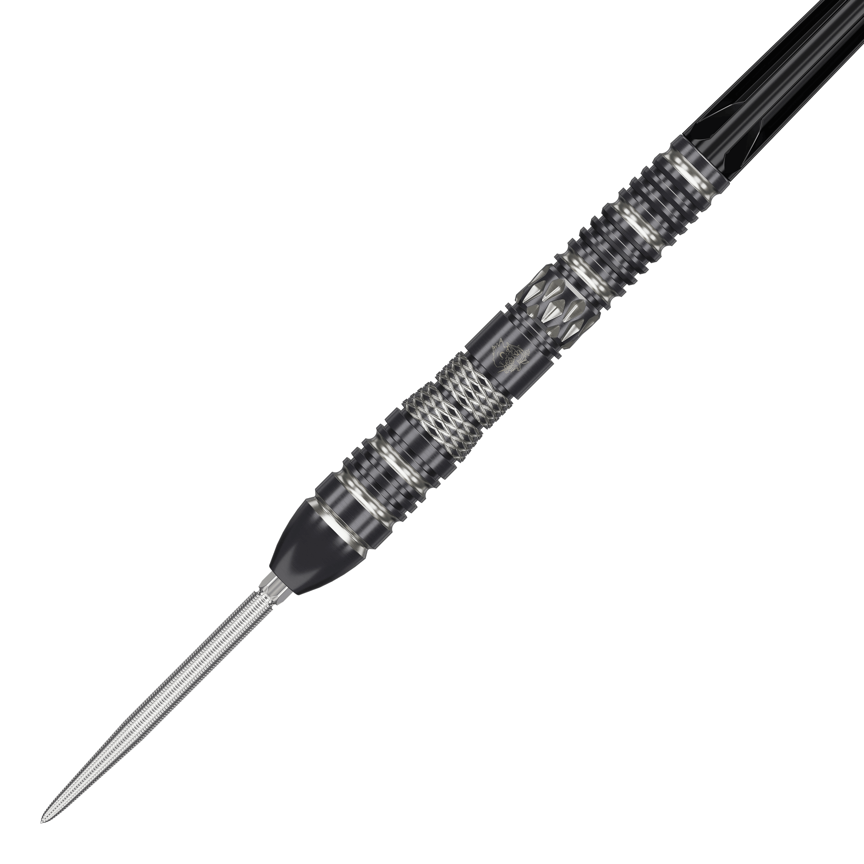 Das Bild zeigt einen hochwertigen Steeldart mit schwarzem und silbernem Design. Der Dart hat eine markante, strukturierte Griffzone und eine spitze Metallspitze.