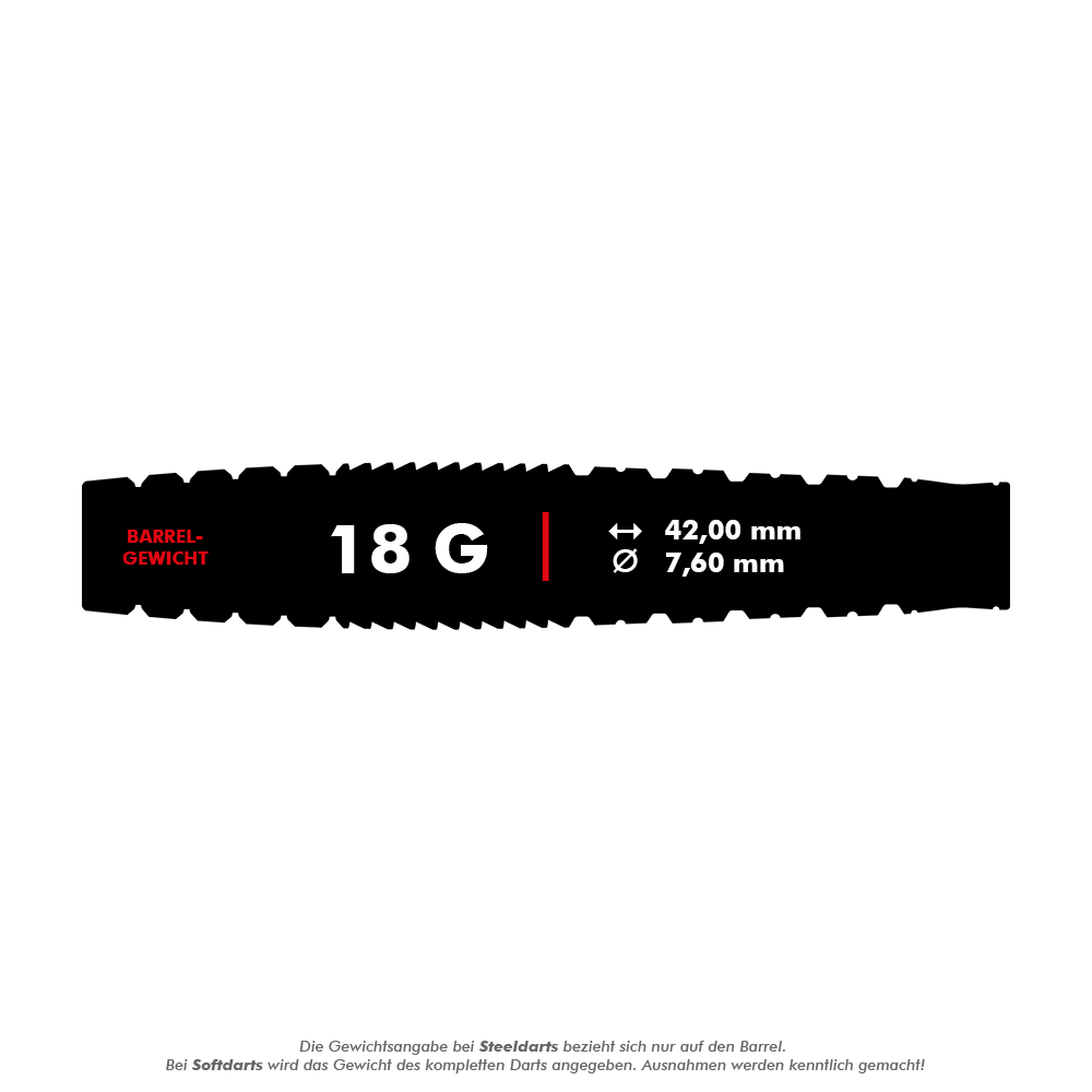 Target Japan Black Marque Phantom Soft Darts - 18g Das Bild zeigt die Produktspezifikationen der Target Japan Black Marque Phantom Softdarts mit einem Gewicht von 18 Gramm. Der Barrel ist 42,00 mm lang und hat einen Durchmesser von 7,60 mm.