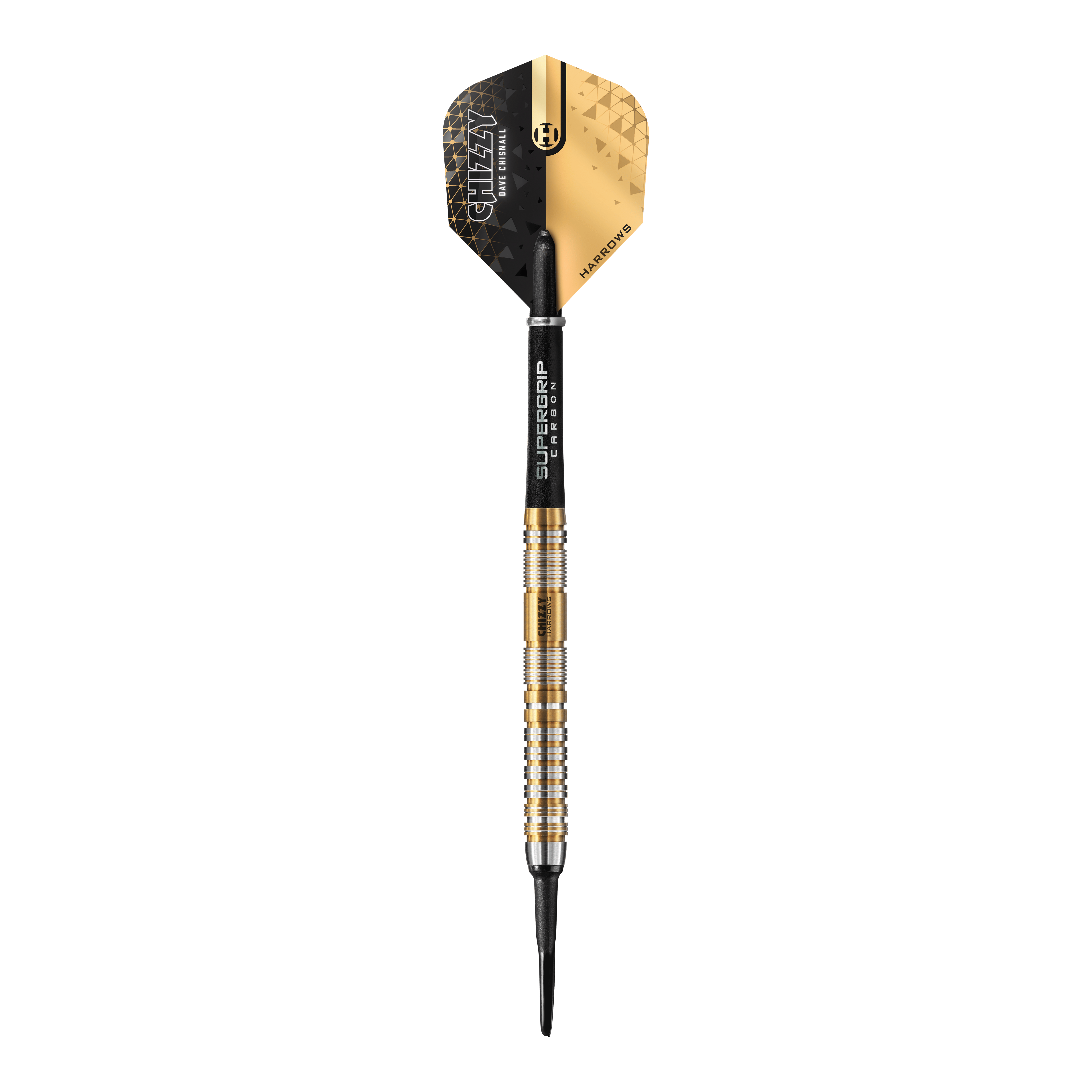 Harrow's Dave Chisnall Chizzy Series 2 soft darts Das Bild zeigt einen Harrows Dave Chisnall Chizzy Series 2 Softdart. Der Dart hat ein modernes schwarzes und goldenes Design mit silbernen und goldenen Ringen am Barrel.