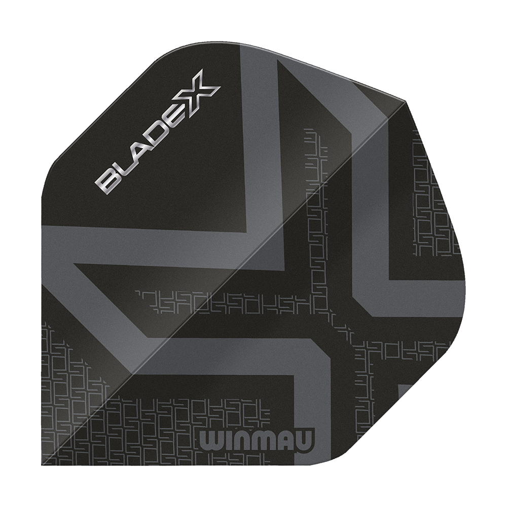 Winmau Prism Delta Blade X Metallic Black No2 Standard Flights Dies ist ein Winmau Prism Delta Blade X Metallic Black No2 Standard Flights. Man sieht ein hochwertiges Dartflugblatt in schwarzem Metall-Look.
