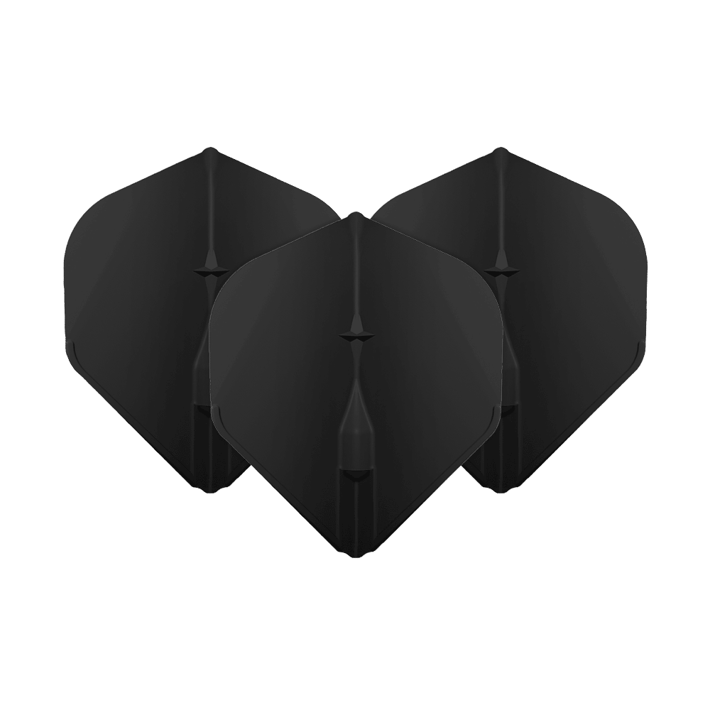 Das Bild zeigt drei schwarze L-Style Champagne L1EZ Standard Flights. Diese Flights sind für Dartpfeile geeignet und haben eine klassische Standardform.