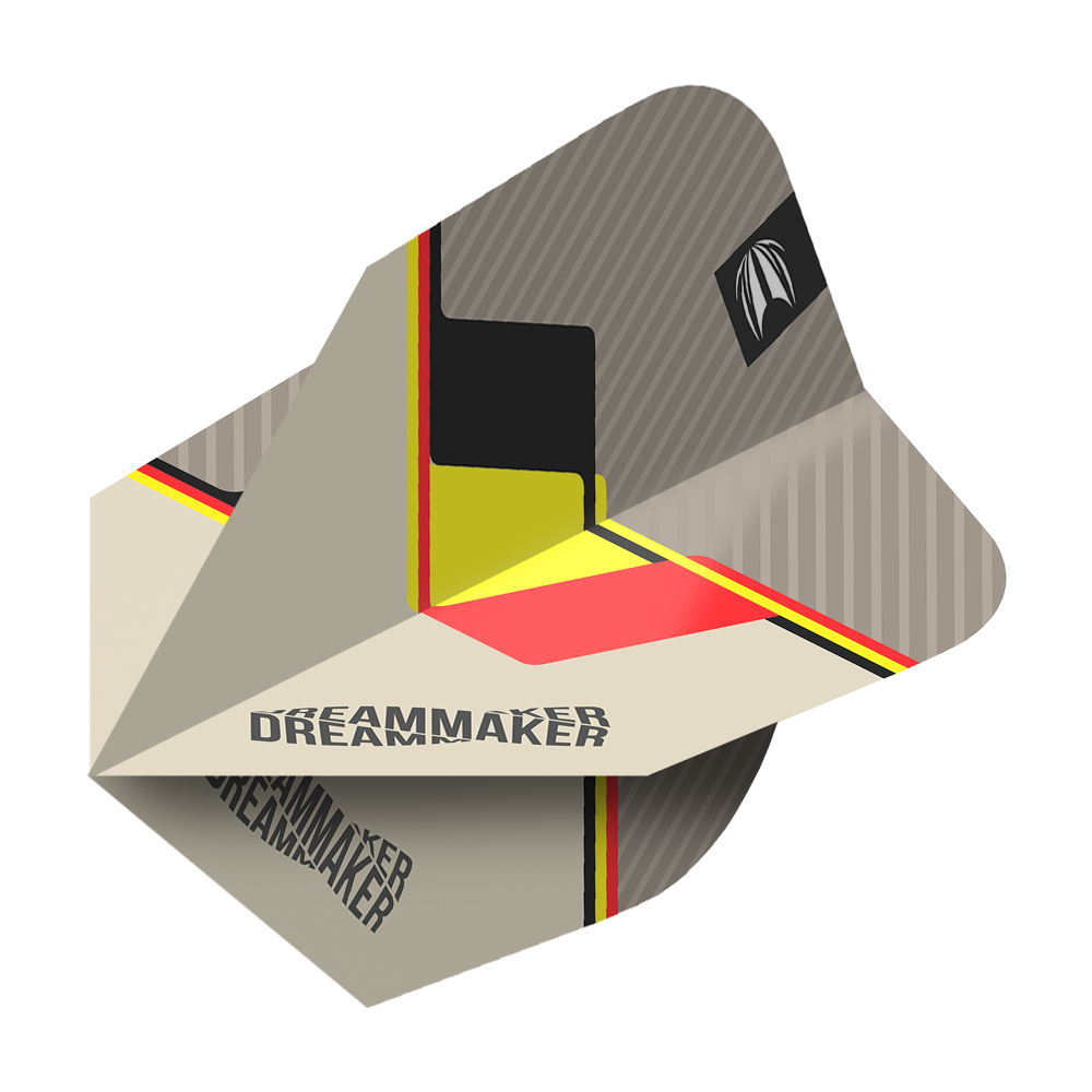 Dies ist ein Dart-Flight mit dem Namen "Target Pro Ultra Dimitri Van Den Bergh TenX Flights". Das Design enthält die Farben Schwarz, Gelb und Rot sowie den Schriftzug "DREAMMAKER".