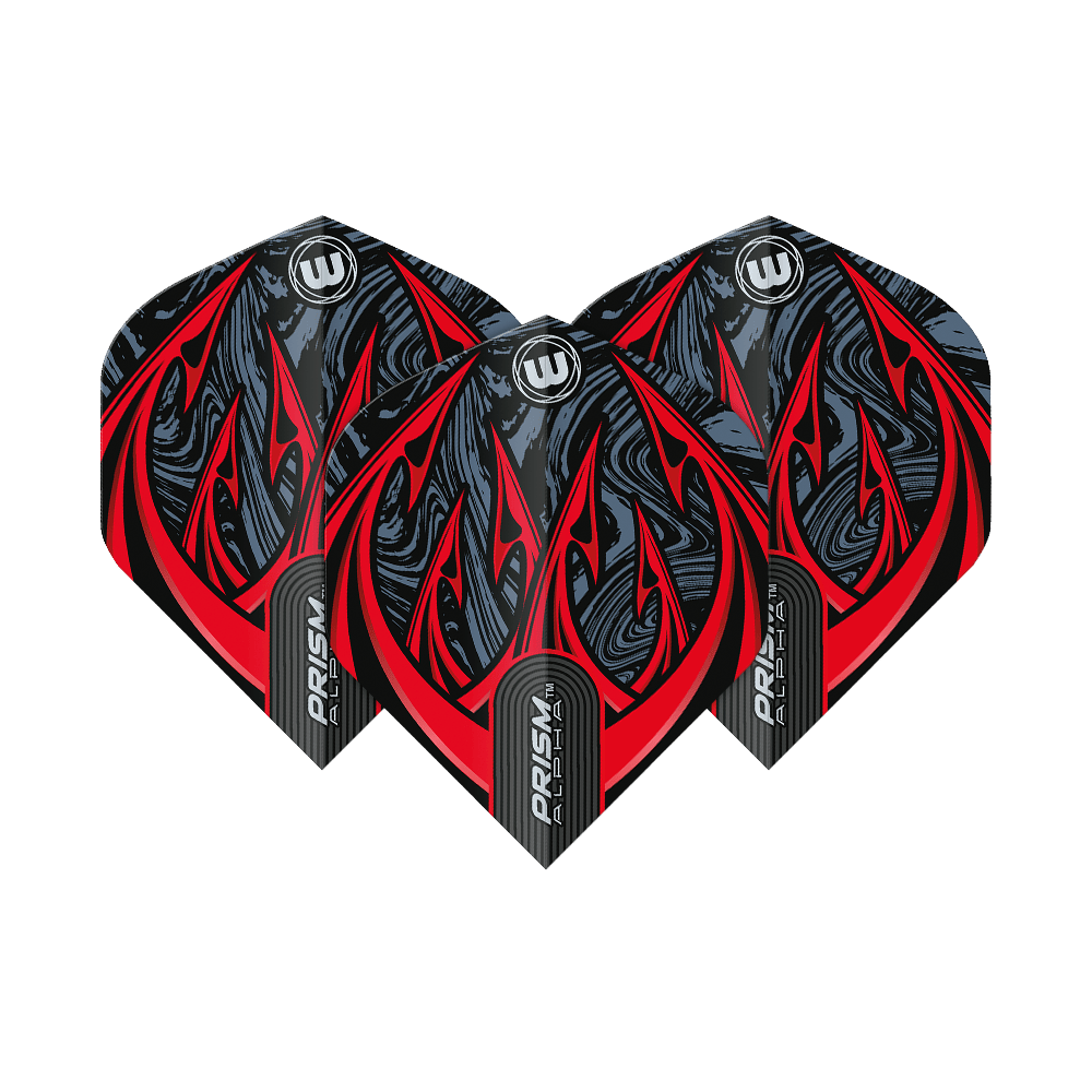 6915-195_Winmau_Prism_Alpha_Diablo_Standard_Flights_15Gks1Dq7YcvHW Das Bild zeigt drei Winmau Prism Alpha Diablo Standard Flights. Sie haben ein auffälliges Design in Schwarz, Rot und Grau mit modernen Mustern.