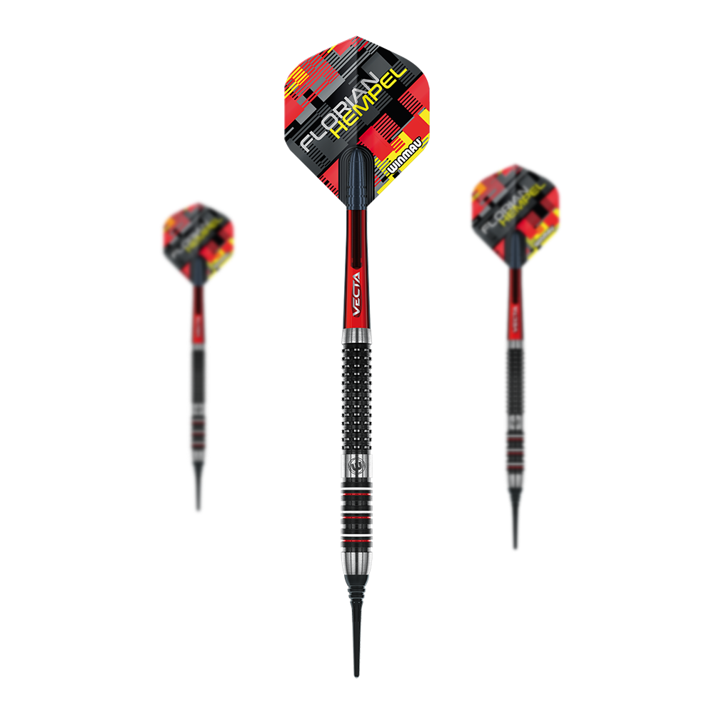 Winmau Florian Hempel soft darts - 21g Das Bild zeigt drei Winmau Florian Hempel Softdarts mit einem Gewicht von 21g. Die Darts haben rote, schwarze und silberne Details sowie ein auffälliges Flights-Design.