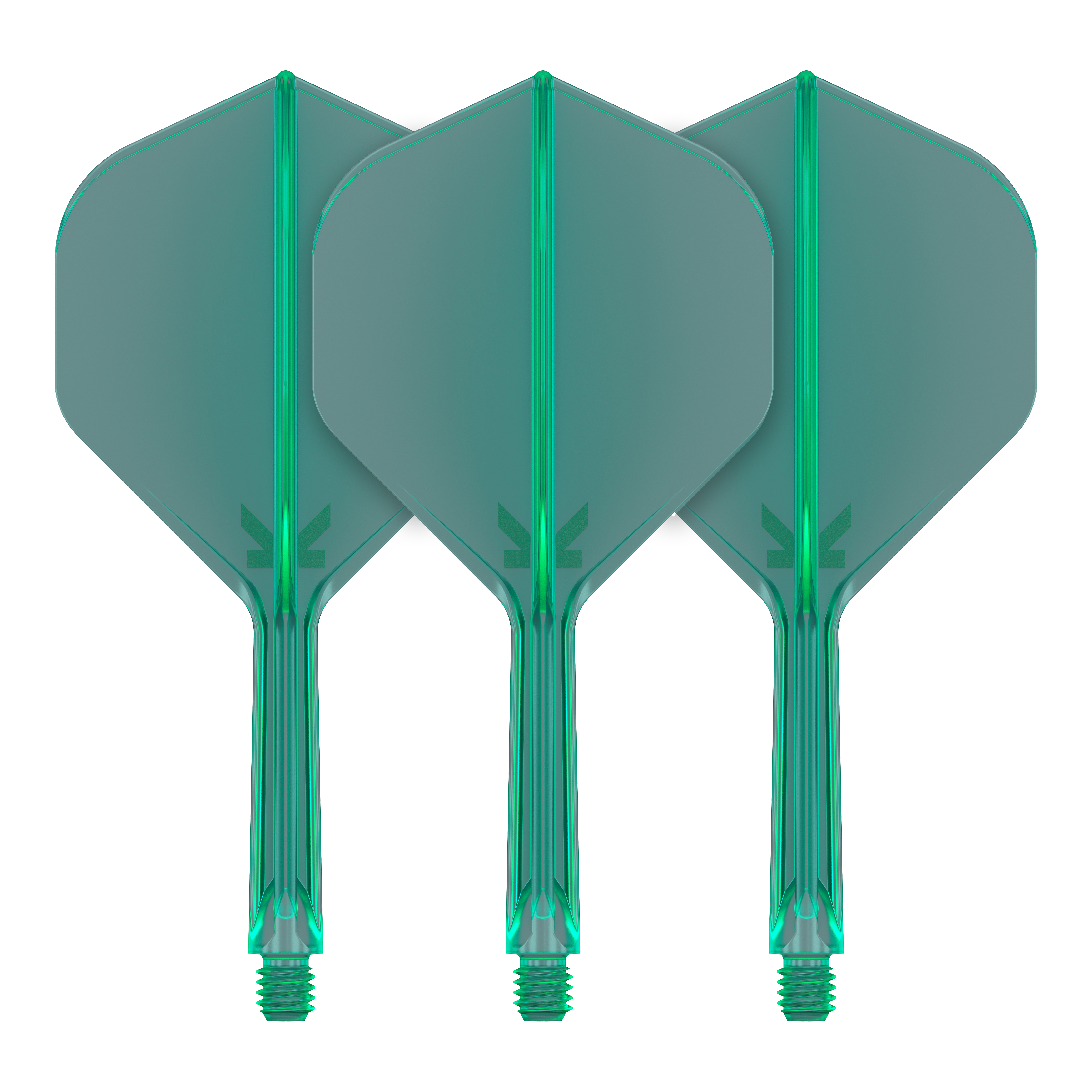 Target K-Flex No2 Standard Flight System - Green Das Bild zeigt drei grüne Dartflights mit angebauten Schäften. Sie sind gleichmäßig angeordnet und weisen ein schlichtes, modernes Design auf.