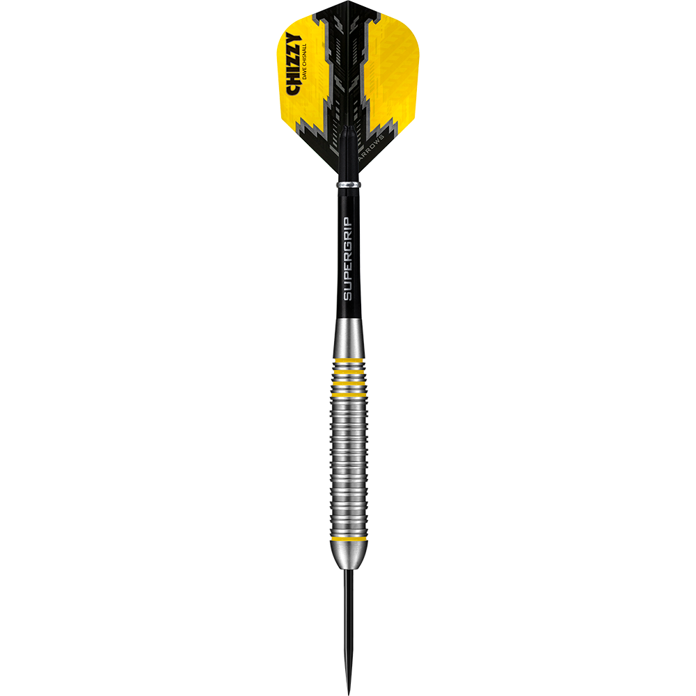 HA24490_Harrows_Dave_Chisnall_Chizzy_Brass_Steeldarts_1NlFaTHfX0zU4a Das Bild zeigt einen Harrows Dave Chisnall Chizzy Brass Steeldart. Der Dartpfeil hat gelb-schwarze Flights und einen silbernen Schaft mit gelben Akzenten.