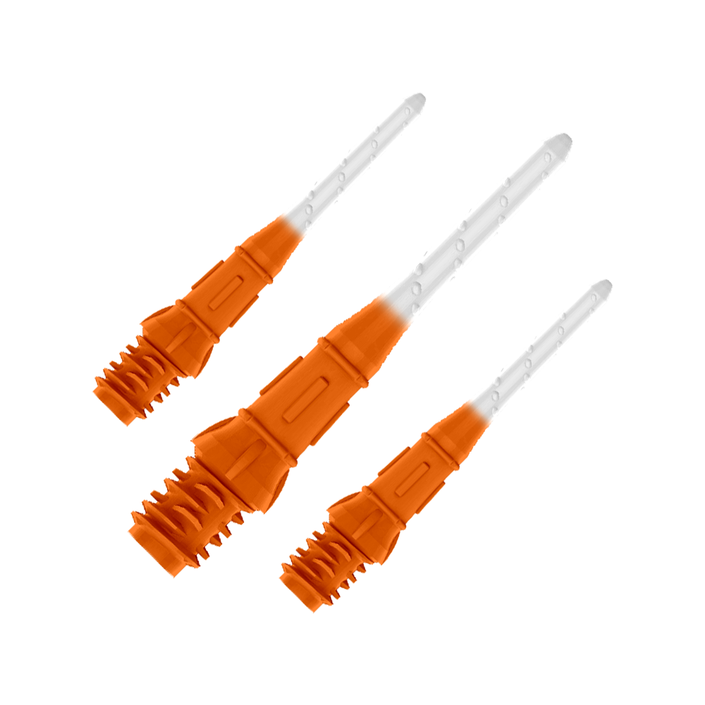 Das Bild zeigt drei orange-weiße Dartspitzen in einer Reihe. Die Spitzen sind zum Teil orange und werden nach vorne hin durchsichtig.