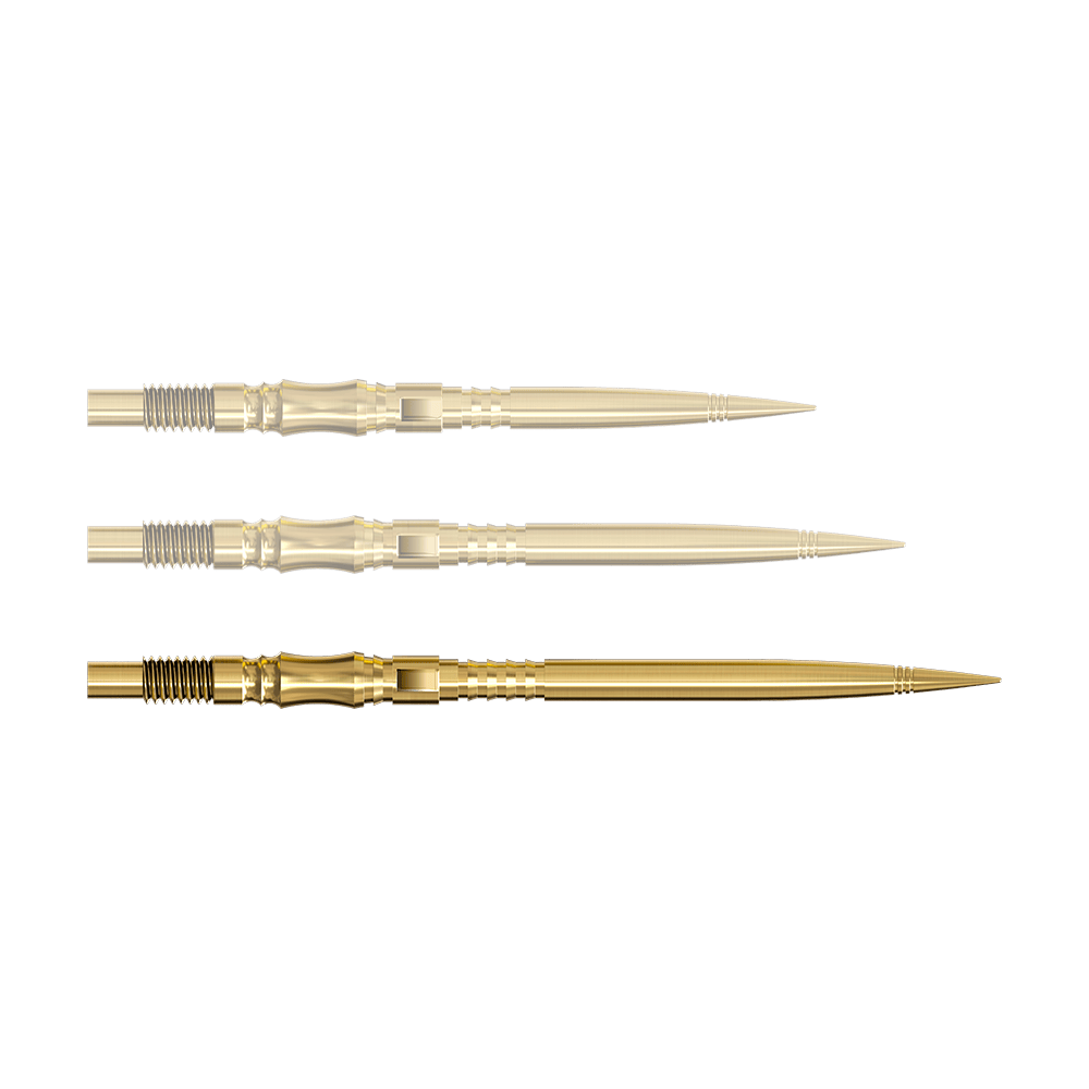 Harrows Quick Point Axis Elite Series Dart Tips - Gold Eine einzelne Dartspitze in Gold ist von nahe gezeigt. Die Spitze ist nach rechts ausgerichtet.