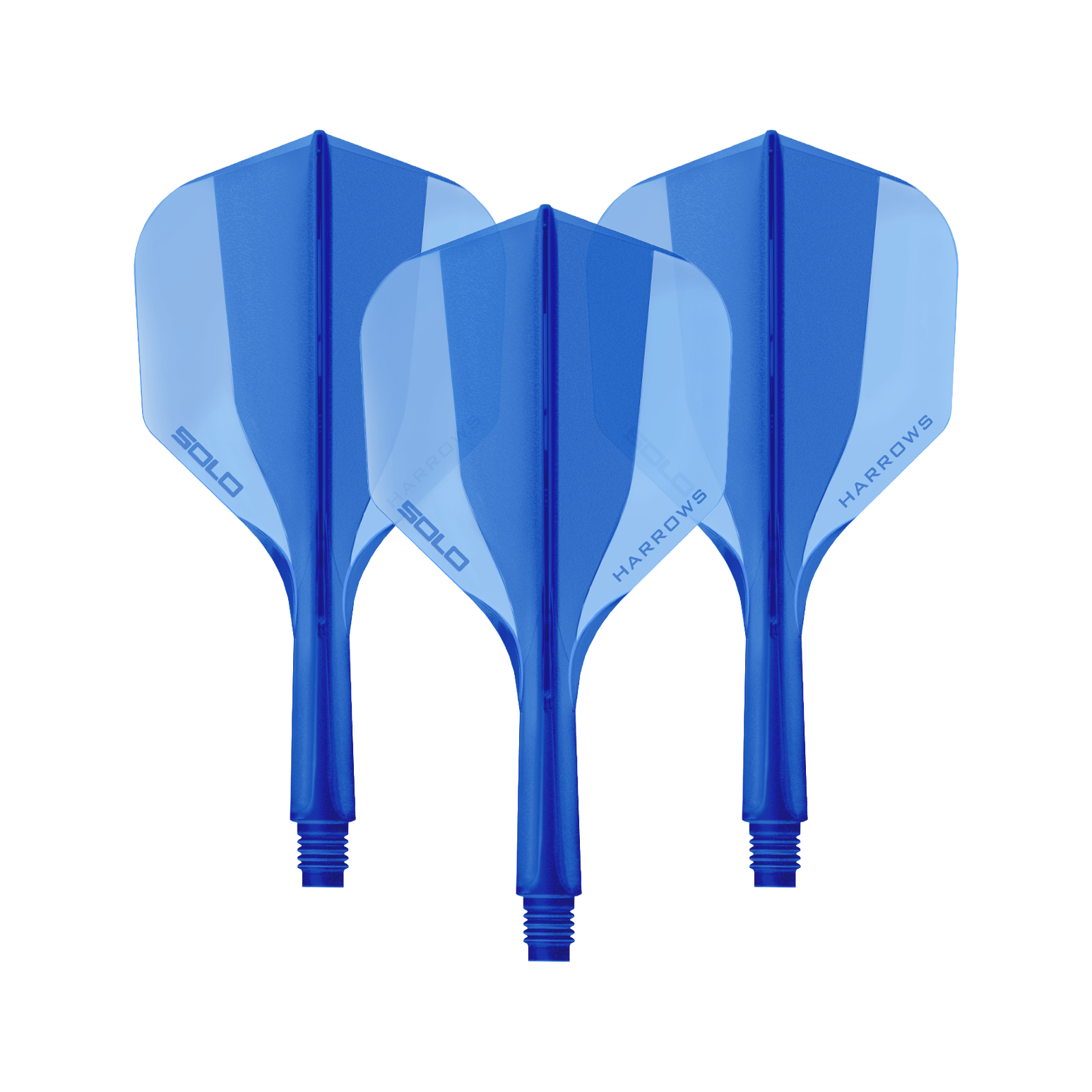 Das Bild zeigt ein Harrows Solo No6 Flight Shaft System in Blau, 20mm, als Set. Es handelt sich um Zubehör für Dartpfeile.