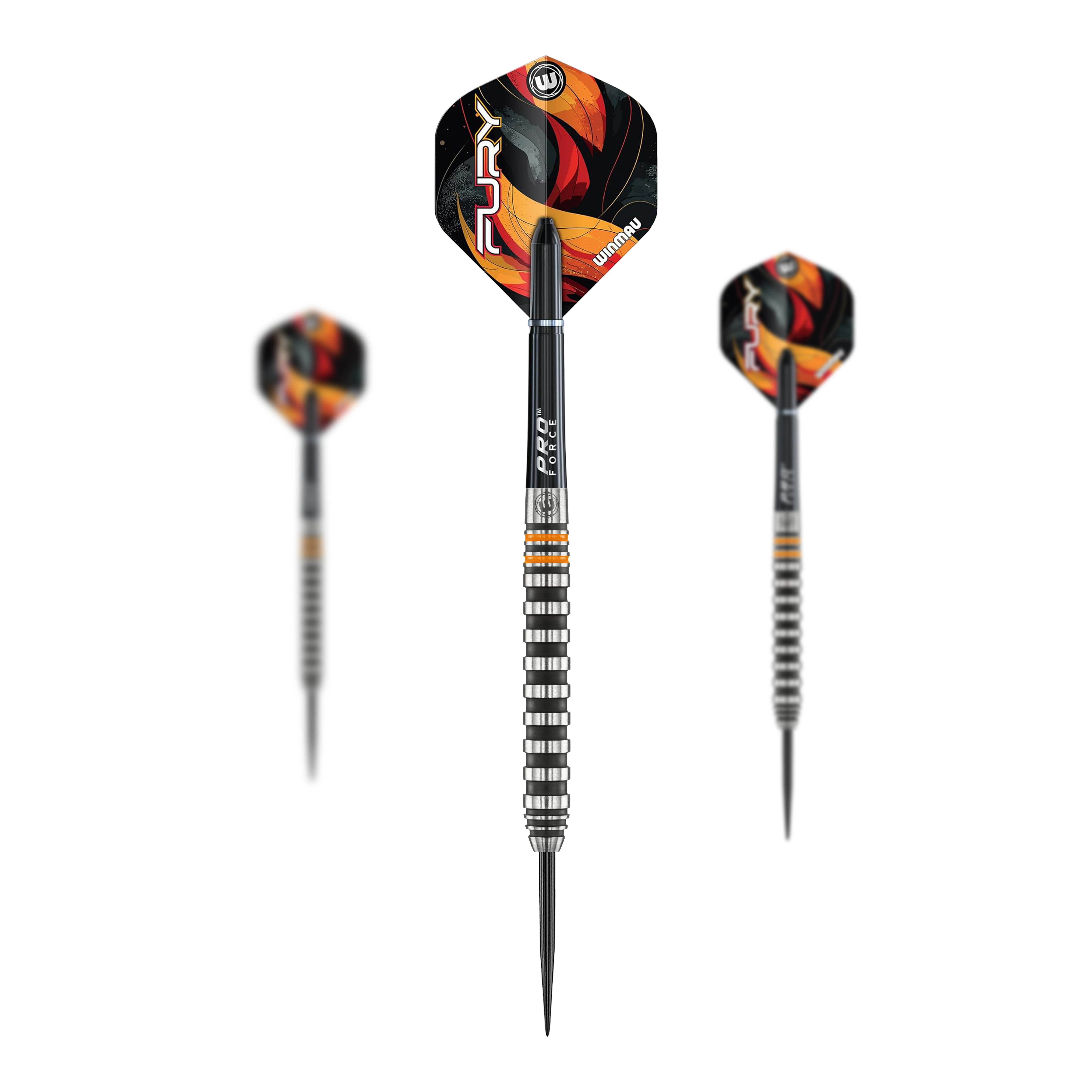 Winmau Fury steel darts - 22g Das Bild zeigt die Winmau Fury Steeldarts mit einem Gewicht von 22g. Diese Darts sind für Steeldartspieler geeignet.