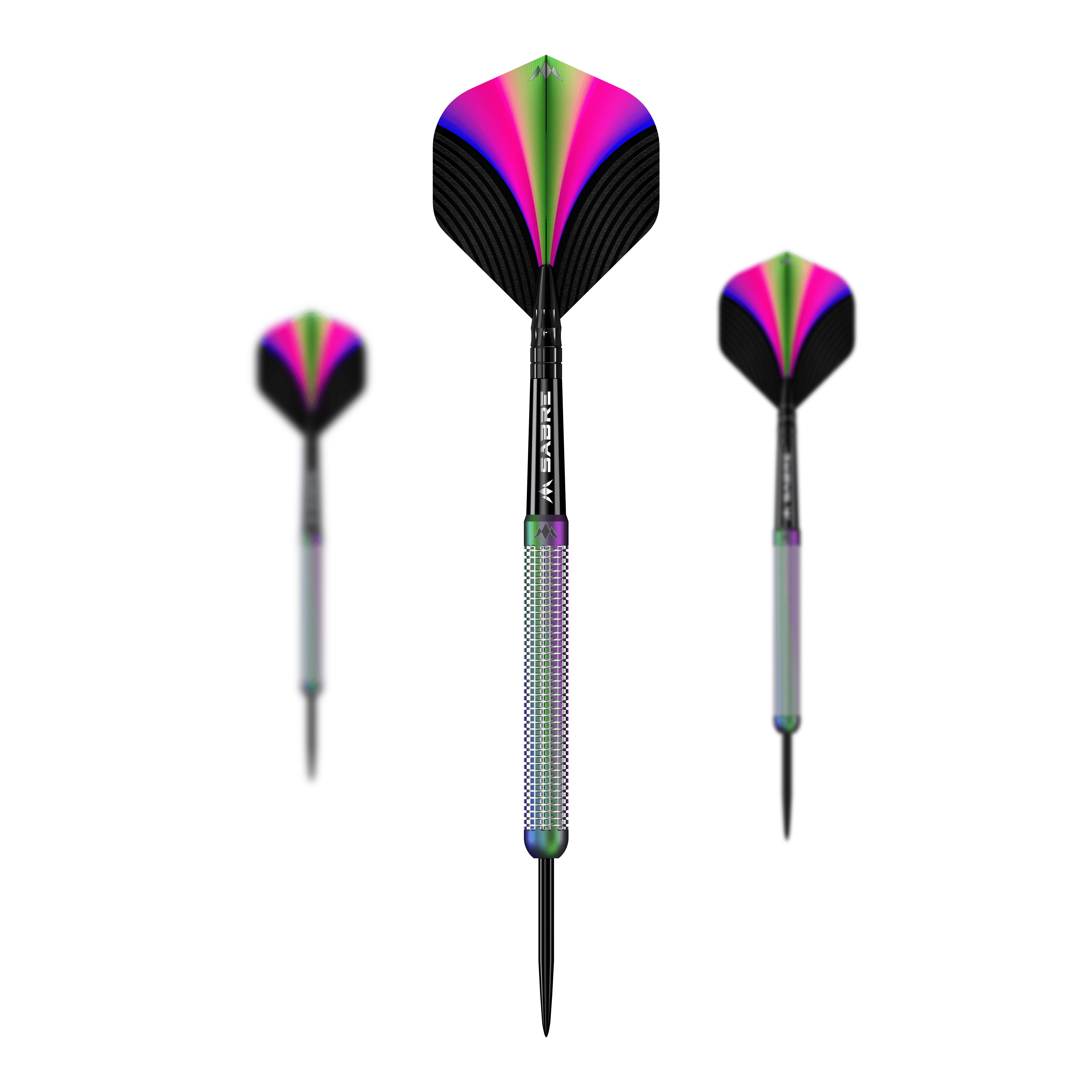 Die Abbildung zeigt die "Mission Aurora Coral PVD Steeldarts - 23g". Die Darts haben ein farbenfrohes Design in Pink, Grün und Schwarz mit einem glänzenden Griff.