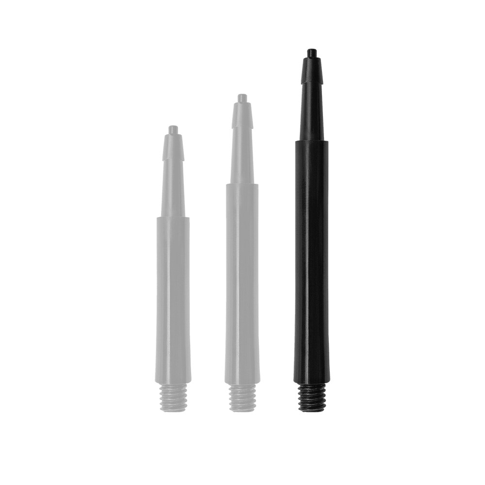 Das Bild zeigt drei schwarze Harrows Clic Standard Shafts in unterschiedlicher Länge. Sie sind als Zubehörteile für Dartpfeile gedacht.