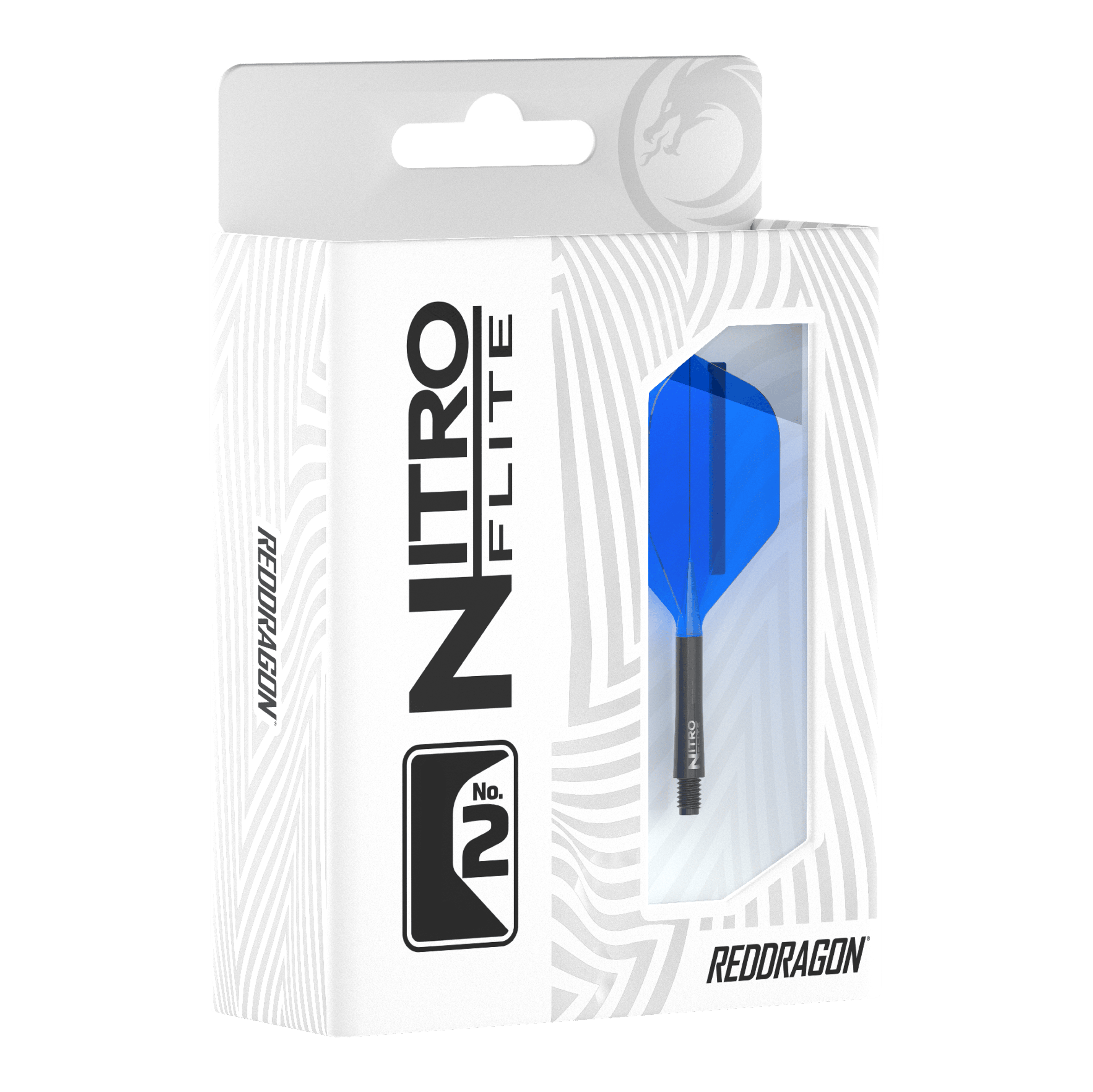 Red Dragon Nitroflite - Black Shaft Blue No2 Flights Die Verpackung zeigt das Produkt "Red Dragon Nitroflite - Black Shaft Blue No2 Flights". Im Sichtfenster ist ein blauer Dart-Flügel mit schwarzem Schaft zu sehen.