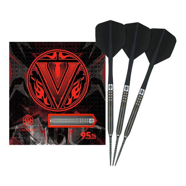 Das Bild zeigt Caliburn V-Series V2 Steeldarts in voller Ansicht. Diese Steeldarts eignen sich für ambitionierte Spieler.