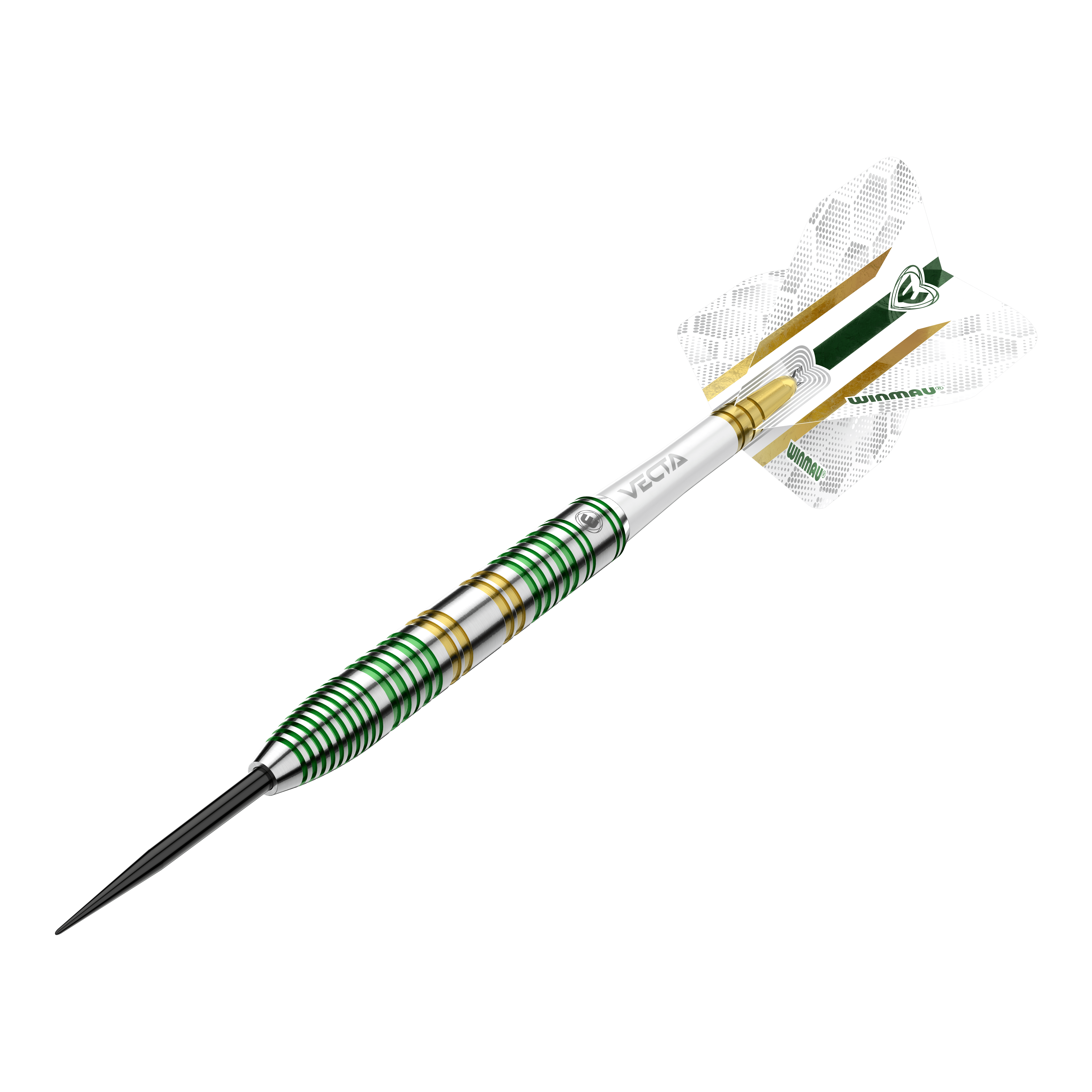 Winmau Xenon Steeldarts Das Bild zeigt einen Winmau Xenon Steeldart. Der Dartpfeil hat ein silbernes Design mit grünen und goldenen Ringen sowie weißen Flights.