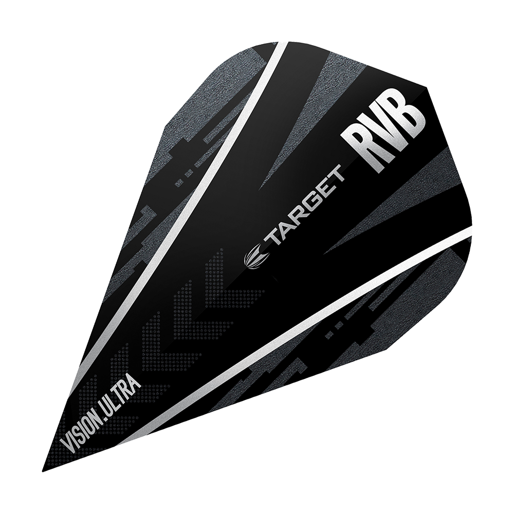 TG58_331780_Target_Ultra_Ghost_RvB_Vapor_Flights_1D8VmMg0ksKsg9 Das Bild zeigt das Produkt „Target Ultra Ghost RvB Vapor Flights“. Es handelt sich um ein schwarzes Dart-Flight mit silbernen und grauen Akzenten sowie der Aufschrift „TARGET RVB Vision Ultra“.