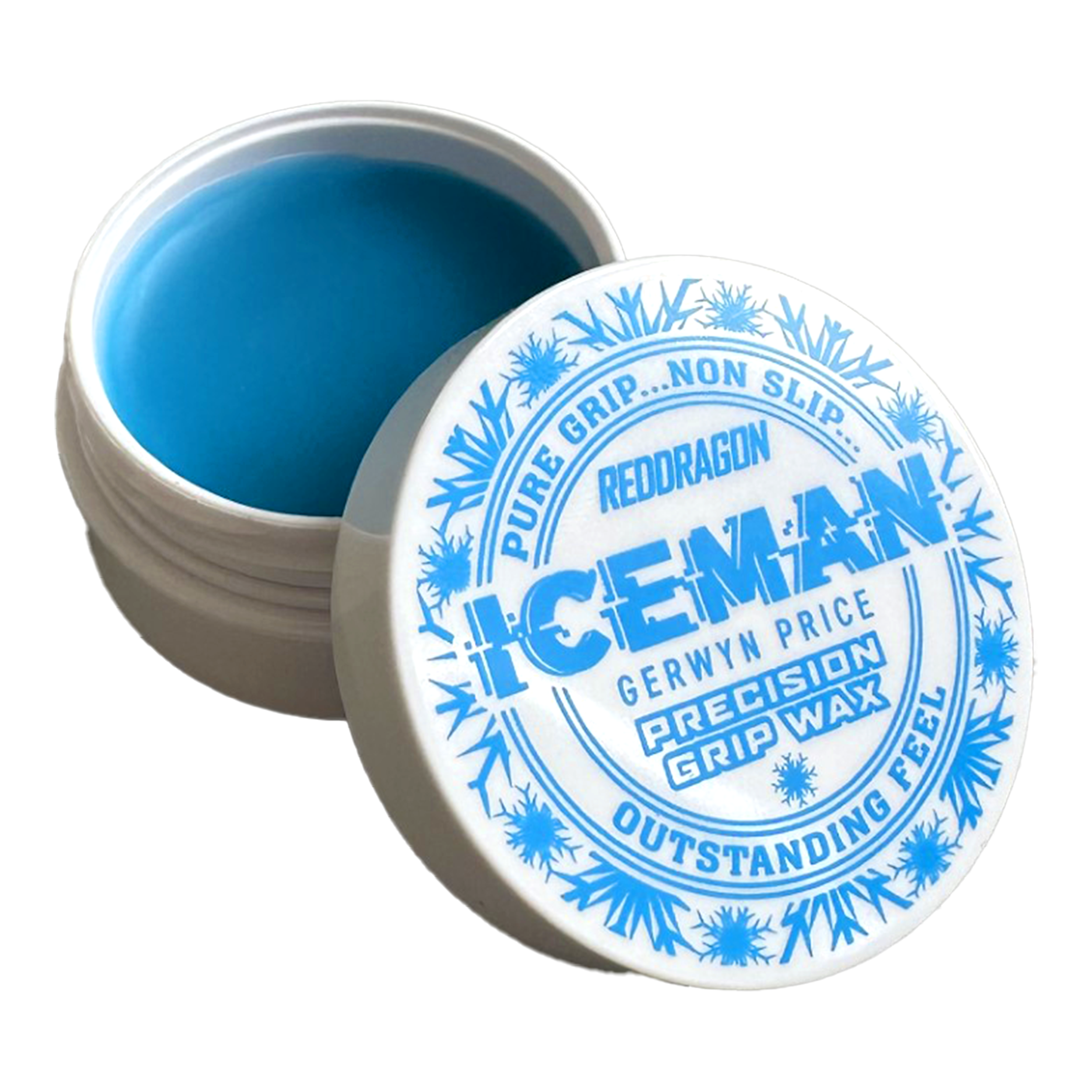 Red Dragon Gerwyn Price Iceman Precision Grip Wax finger wax Das Bild zeigt ein offenes Döschen mit blauem Fingerwachs der Marke "Red Dragon Gerwyn Price Iceman Precision Grip Wax". Auf dem Deckel steht in blauer Schrift, dass das Produkt für reinen Halt, Rutschfestigkeit und hervorragendes Gefühl sorgt.