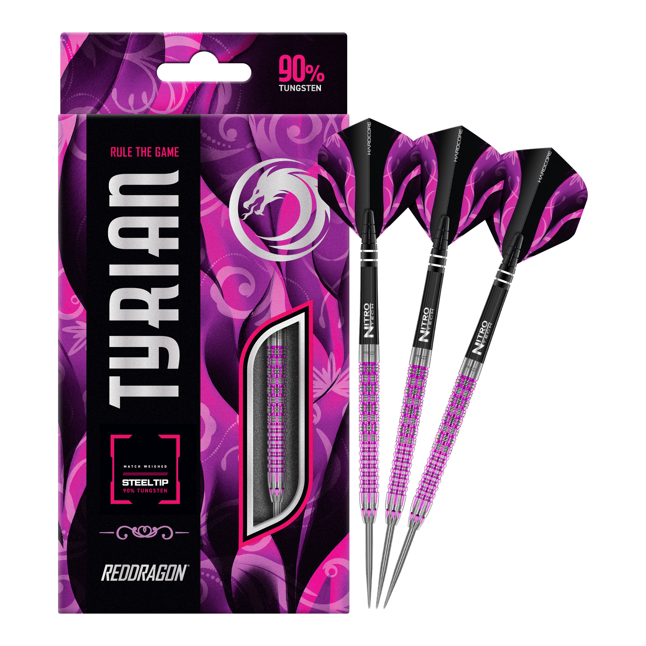 Red Dragon Tyrian Steeldarts Das Bild zeigt die Red Dragon Tyrian Steeldarts mit auffälligem lila und pinkem Design. Die Darts bestehen zu 90% aus Tungsten und sind in einer stilvollen Verpackung präsentiert.