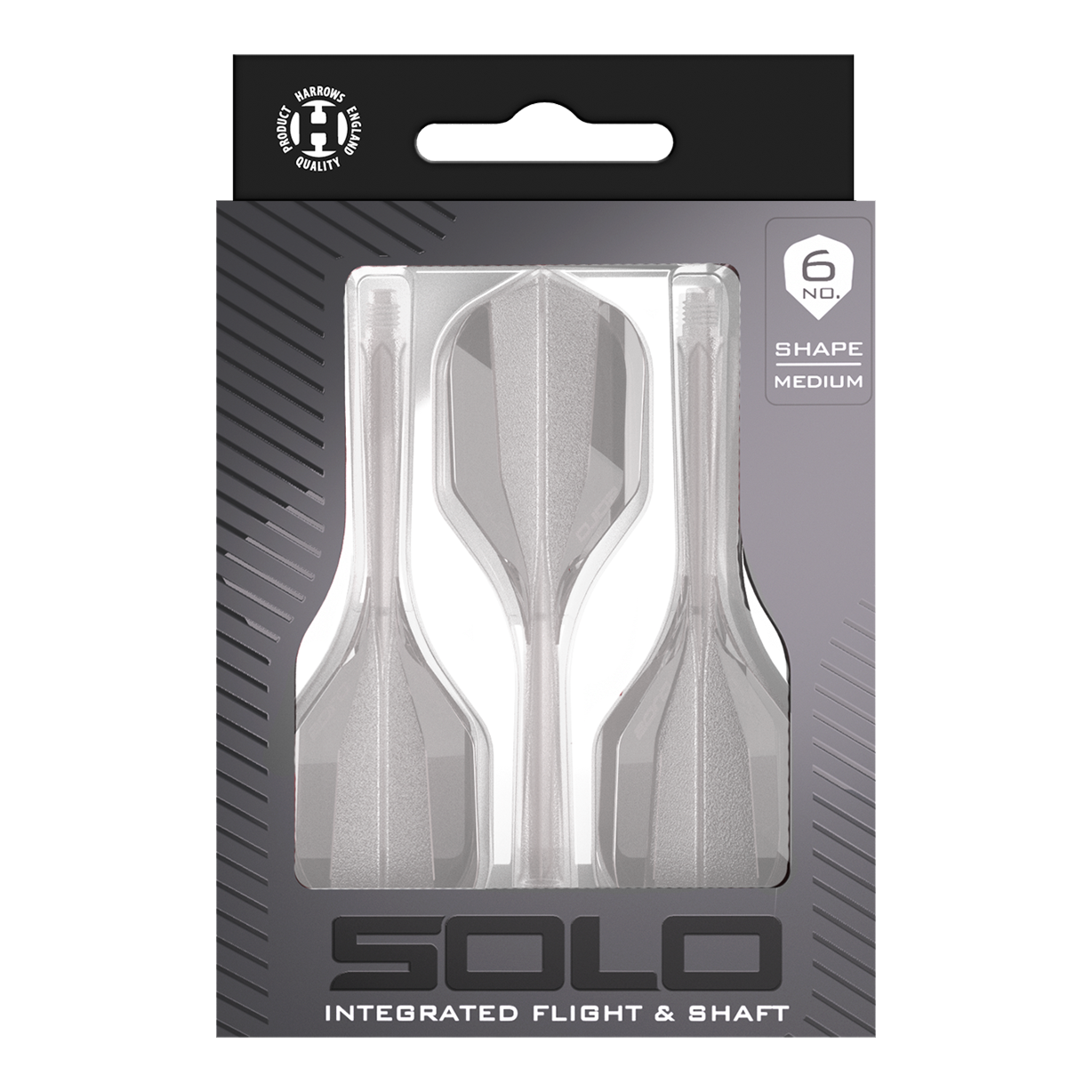 Harrows Solo No6 Flight-Shaft-System in transparenter Ausführung. Das Produkt ist deutlich und klar auf dem Bild zu erkennen.