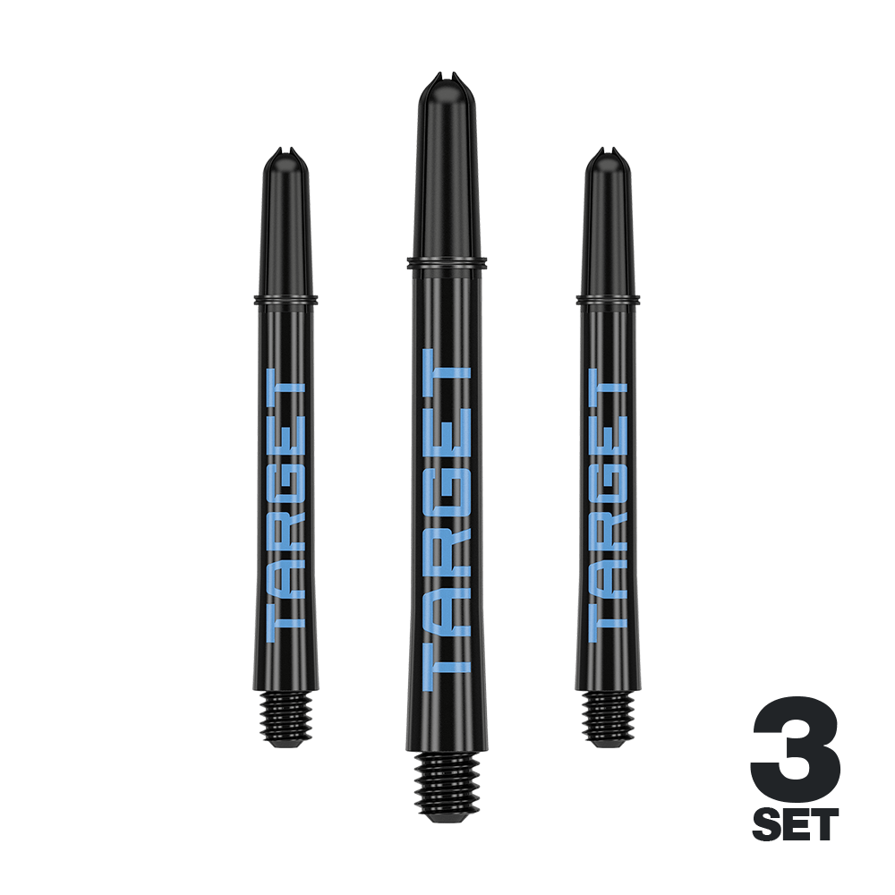 Target Pro Grip TAG Shafts - 3 Sets - Black Blue Das Bild zeigt drei schwarze Dartschäfte mit blauer "TARGET"-Aufschrift. In der rechten unteren Ecke steht "3 SET".