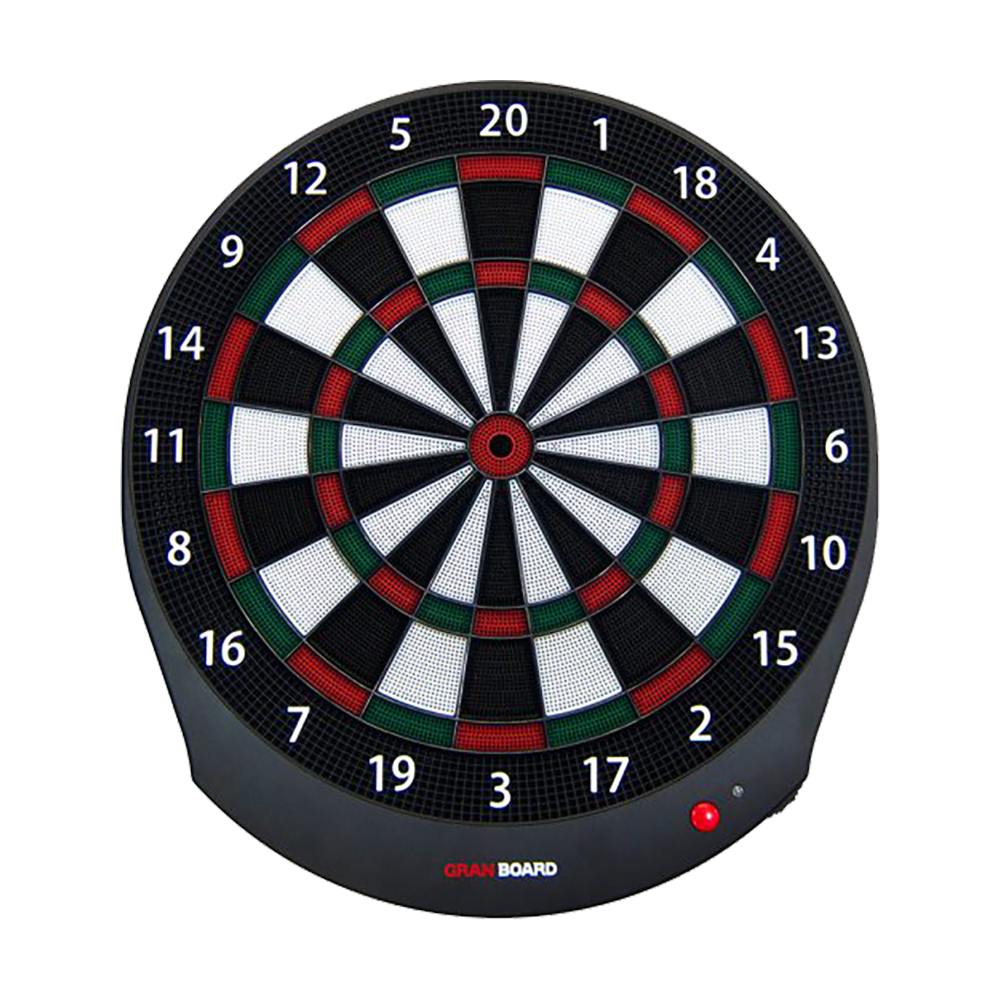 G00030_GranBoard_Dash_Green_Elektronisches_Dartboard_1 Das Bild zeigt das GranBoard Dash Elektronisches Dartboard. Es ist eine runde Dartscheibe mit farbigen Segmenten und einer digitalen Anzeige unten.