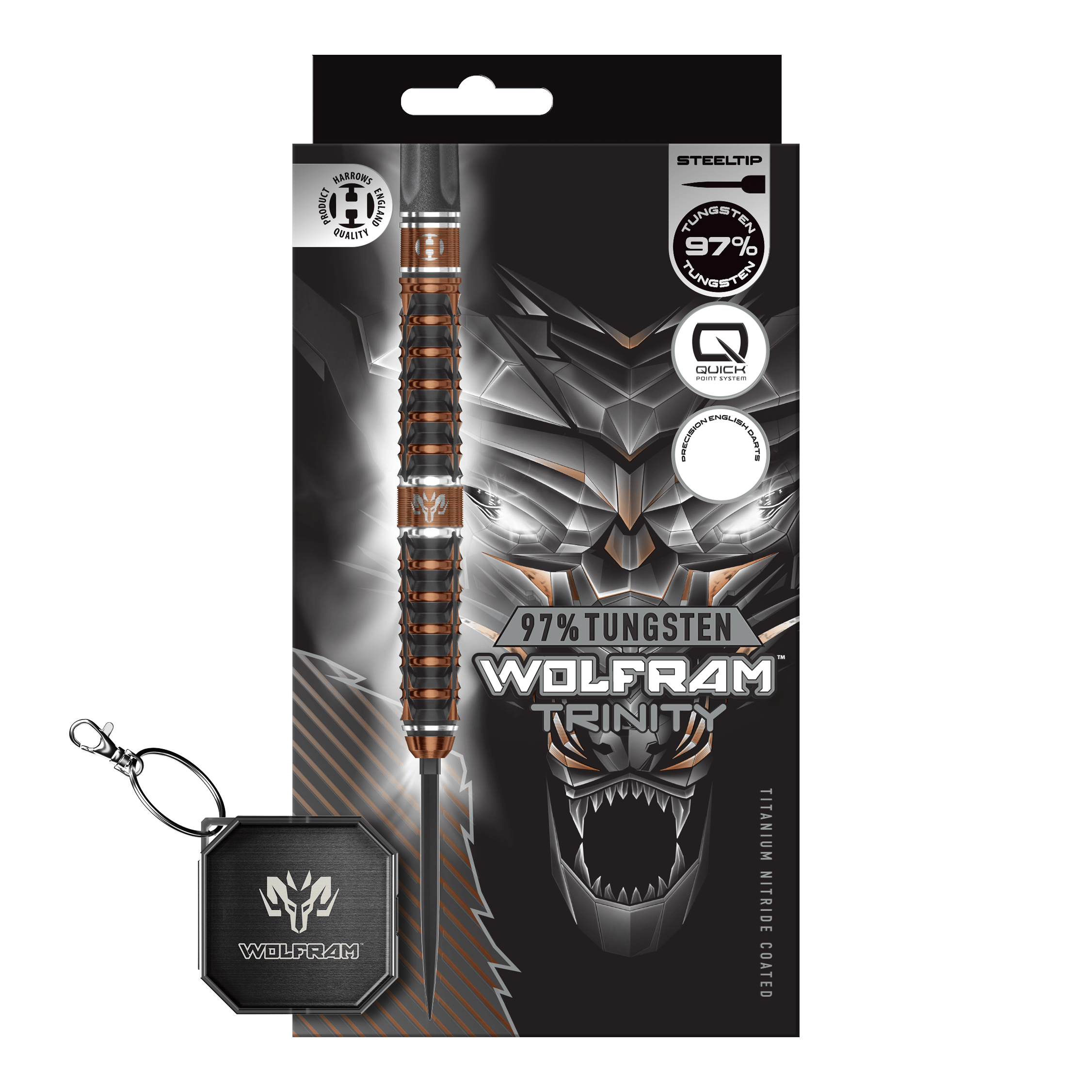Zu sehen sind die Harrows Wolfram Trinity Quick Point Steeldarts. Sie eignen sich ideal für professionelle Dartspieler.