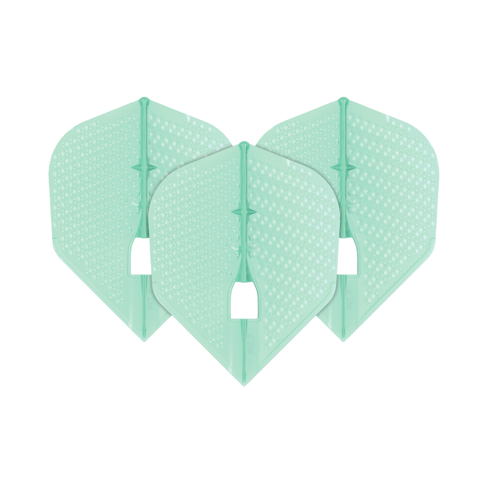 Das Bild zeigt drei mintgrüne Dart-Flights mit einer Dimple-Oberfläche. Sie haben die charakteristische Form des L-Style Flights Dimple Champagne L3PRO Shape.