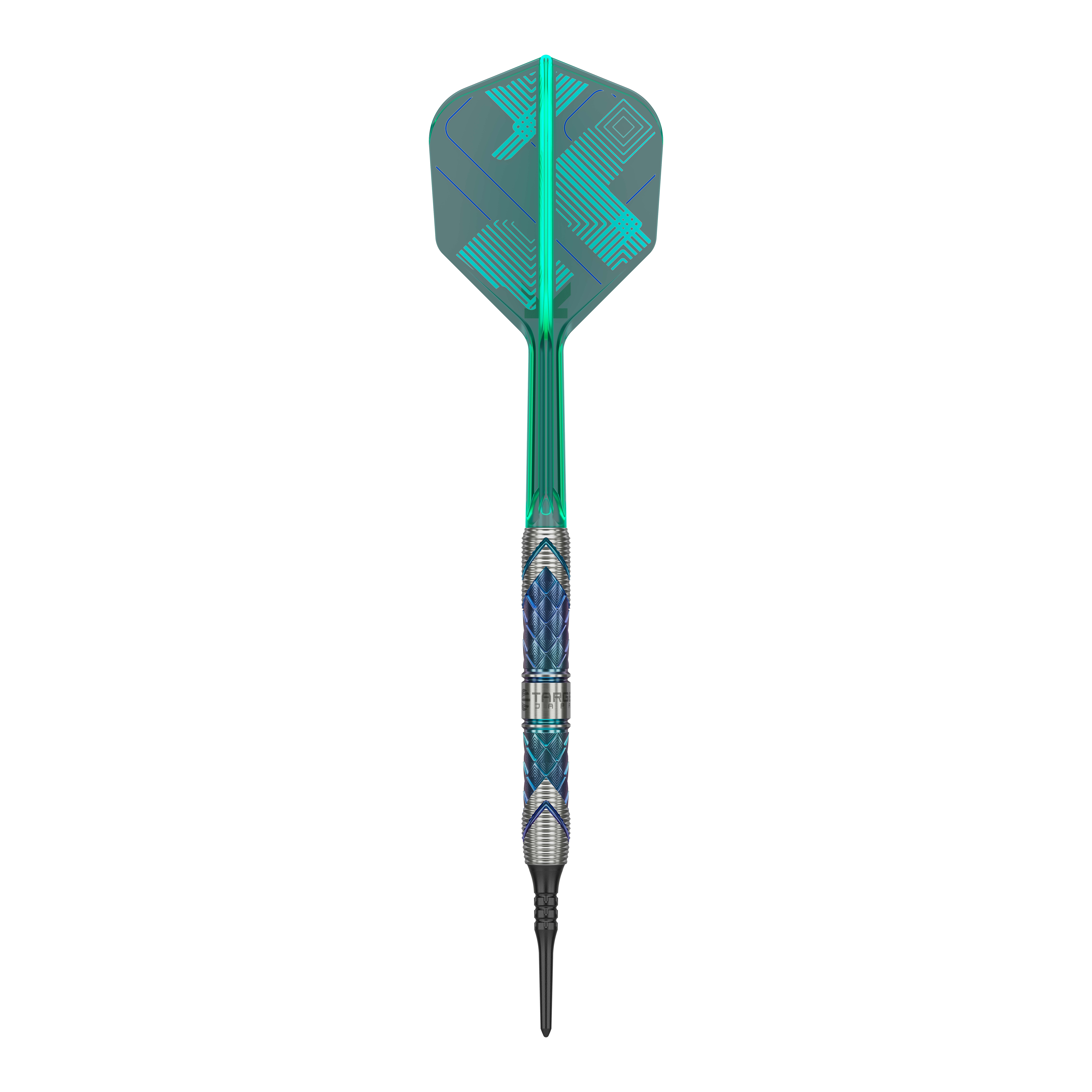 Target Japan Kaze Series Ceros 03 Soft Darts - 19g Das Bild zeigt einen Target Japan Kaze Series Ceros 03 Softdart mit einem Gewicht von 19 Gramm. Der Dart hat ein auffälliges Design mit blauen und silbernen Mustern sowie einer grünen Flight.