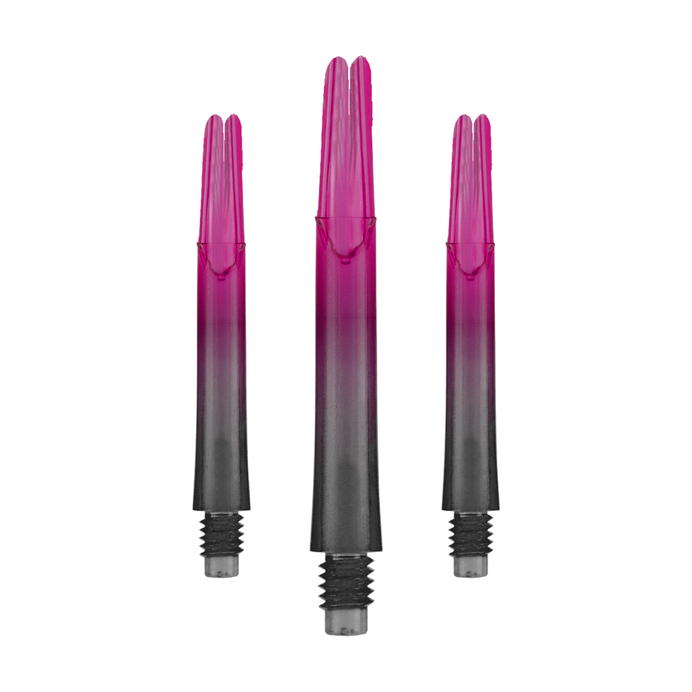 L-L-Style-Shaft Locked Straight Natural9 TwoTone Shafts - Pink Das Bild zeigt drei pink-schwarze Dartschäfte in gerader Form. Sie stehen aufrecht nebeneinander und haben Gewinde am unteren Ende.