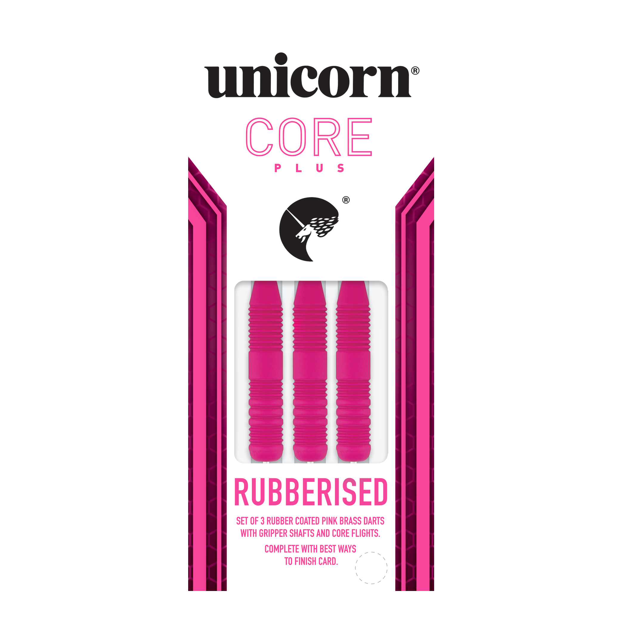 Unicorn Core Plus Rubberized Pink Steel Darts Das Bild zeigt eine Packung mit drei pinken, gummierten Steeldarts der Marke Unicorn Core Plus. Die Darts haben geriffelte Griffe und werden in einer weiß-pinken Verpackung präsentiert.
