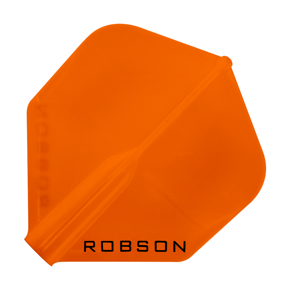 Robson Plus Flights - Standard Das Bild zeigt ein orangefarbenes Dartflight mit der Aufschrift "ROBSON". Das Flight hat eine klassische, standardmäßige Form.