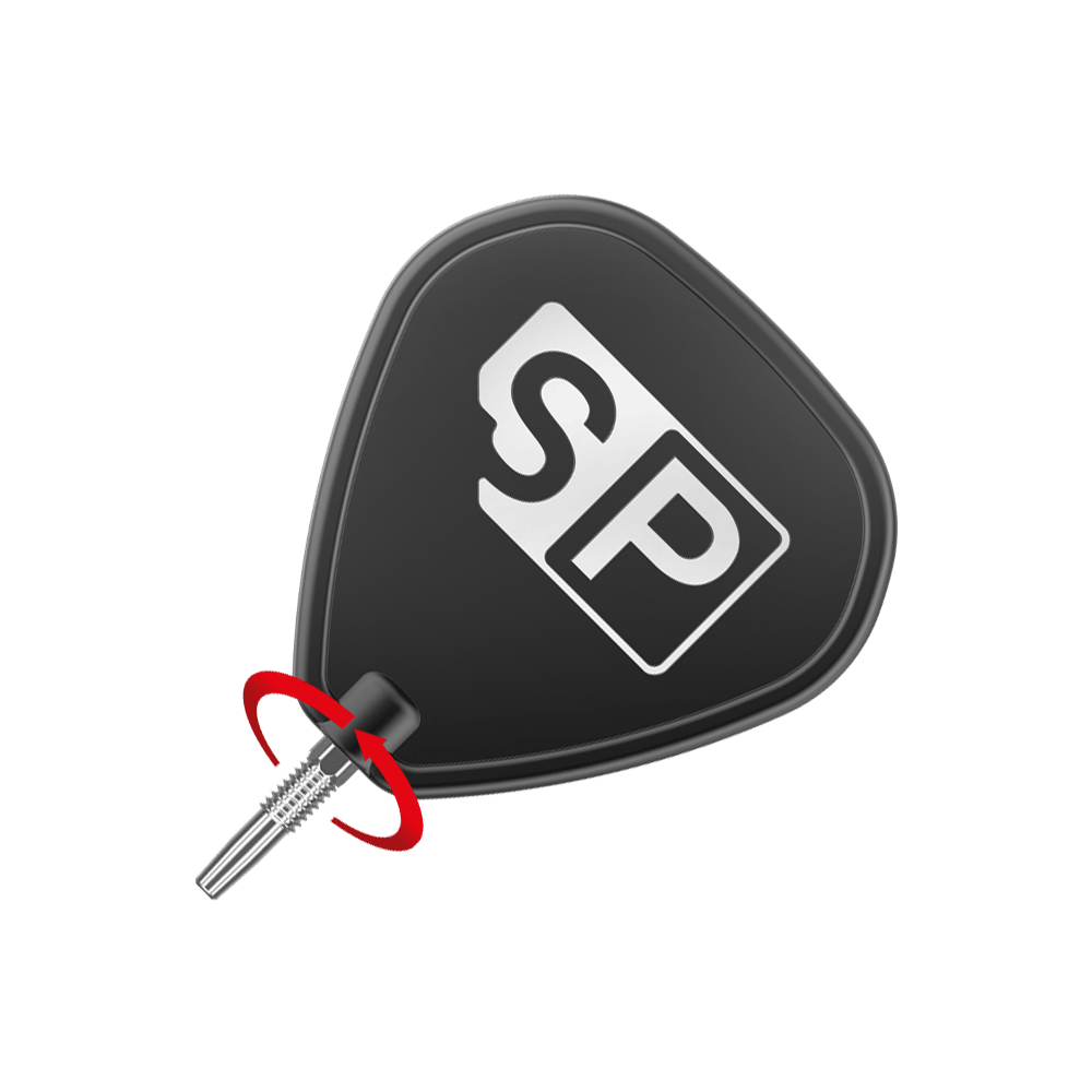 Target Swiss Diamond Pro Silver Points dart tips Das Bild zeigt eine schwarze Dartflügel mit den weißen Buchstaben "SP" darauf. Unten ist eine silberne Dartspitze zu sehen, die mit dem Flügel verbunden ist.