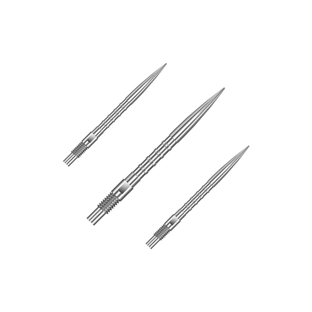 Harrows Quick Point Heavy Metal Dart Tips - Silver Das Bild zeigt ein Set von Harrows Quick Point Heavy Metal Grip Dartspitzen in Silber mit 26mm Länge. Es sind mehrere Dartspitzen auf dem Bild abgebildet.