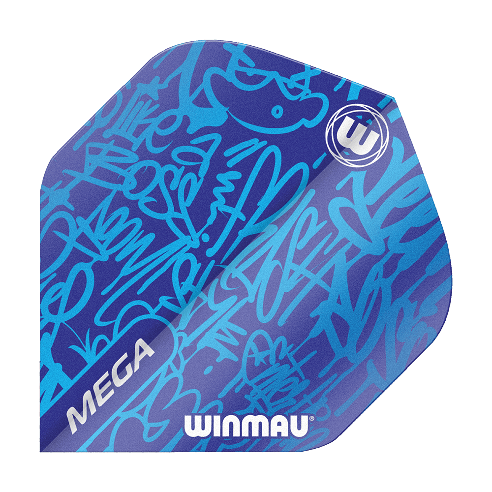 6900-240_Winmau_Mega_Blue_Standard_Flights_1 Das Bild zeigt ein Winmau Mega Blue Standard Flight für Dartpfeile. Das Flight ist blau mit modernen, grafischen Mustern und dem Winmau-Logo bedruckt.