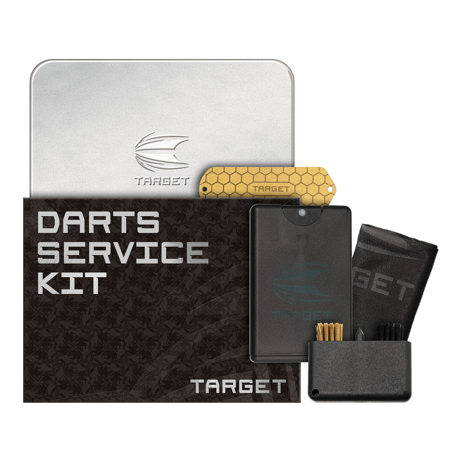 Zu sehen ist das Target Dart Servicing Kit. Dieses Set enthält verschiedene Werkzeuge und Zubehör zum Warten von Darts.