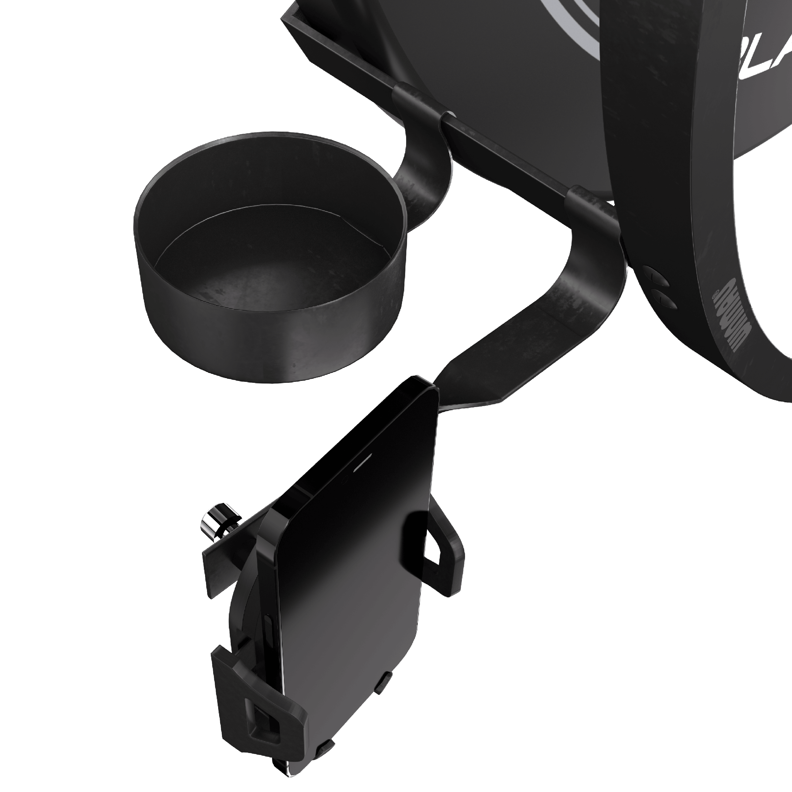 Winmau Plasma Accessory Set Das Bild zeigt das Winmau Plasma Zubehör Set mit einem Handyhalter und einem Becherhalter. Beide Halterungen sind an einem runden Rahmen befestigt.
