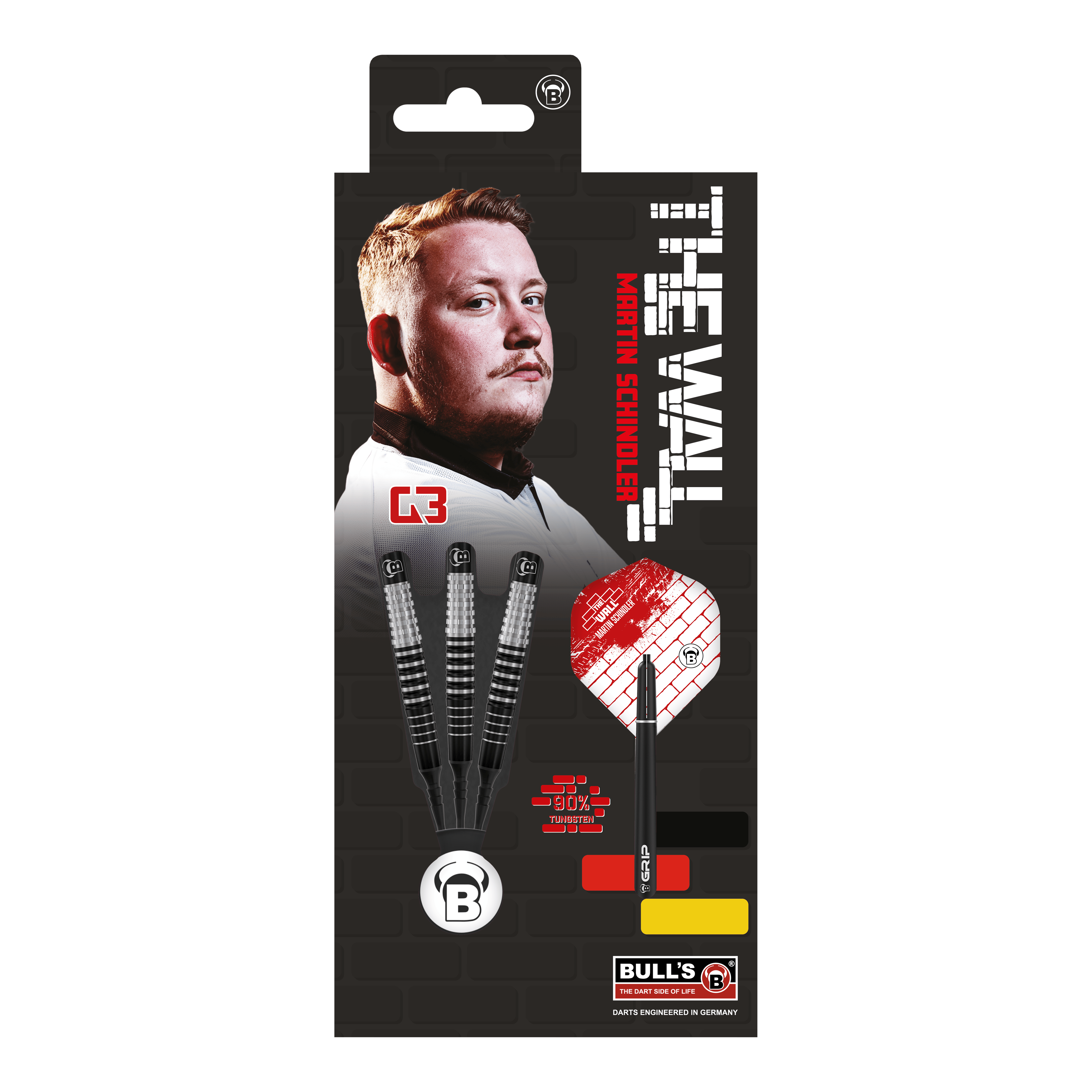 Bulls Martin Schindler Original Generation 3 soft darts Das Bild zeigt die Verpackung der "Bulls Martin Schindler Original Generation 3 Softdarts". Auf der Verpackung ist ein Porträt von Martin Schindler sowie drei Softdarts und das Logo von Bull's abgebildet.