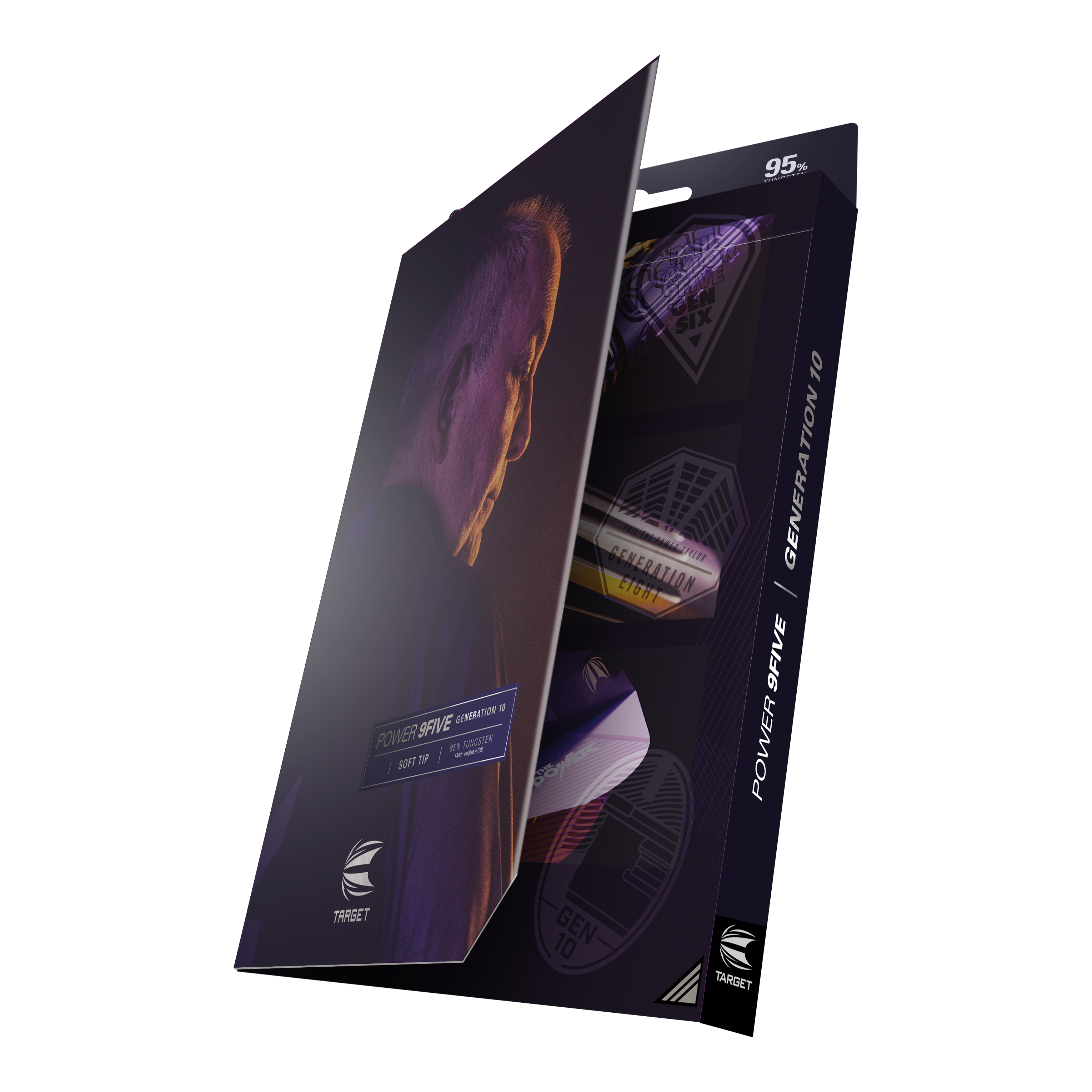 Target Phil Taylor Power 9Five GEN10 soft darts Die Abbildung zeigt die Verpackung der "Target Phil Taylor Power 9Five GEN10 Softdarts". Auf der Vorderseite ist ein Porträtfoto sowie der Produktname zu sehen.