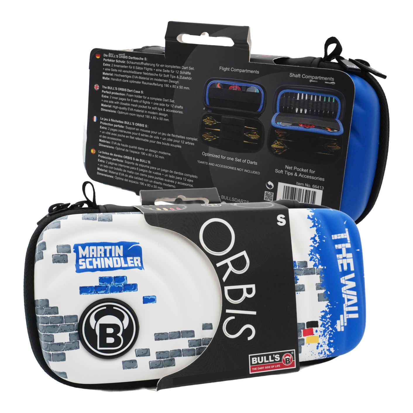 Das Bild zeigt das Produkt "Bulls Orbis S Martin Schindler Dartcase" in einer Verpackung. Das Dartcase ist bunt gestaltet und trägt den Namen "Martin Schindler" sowie "The Wall".