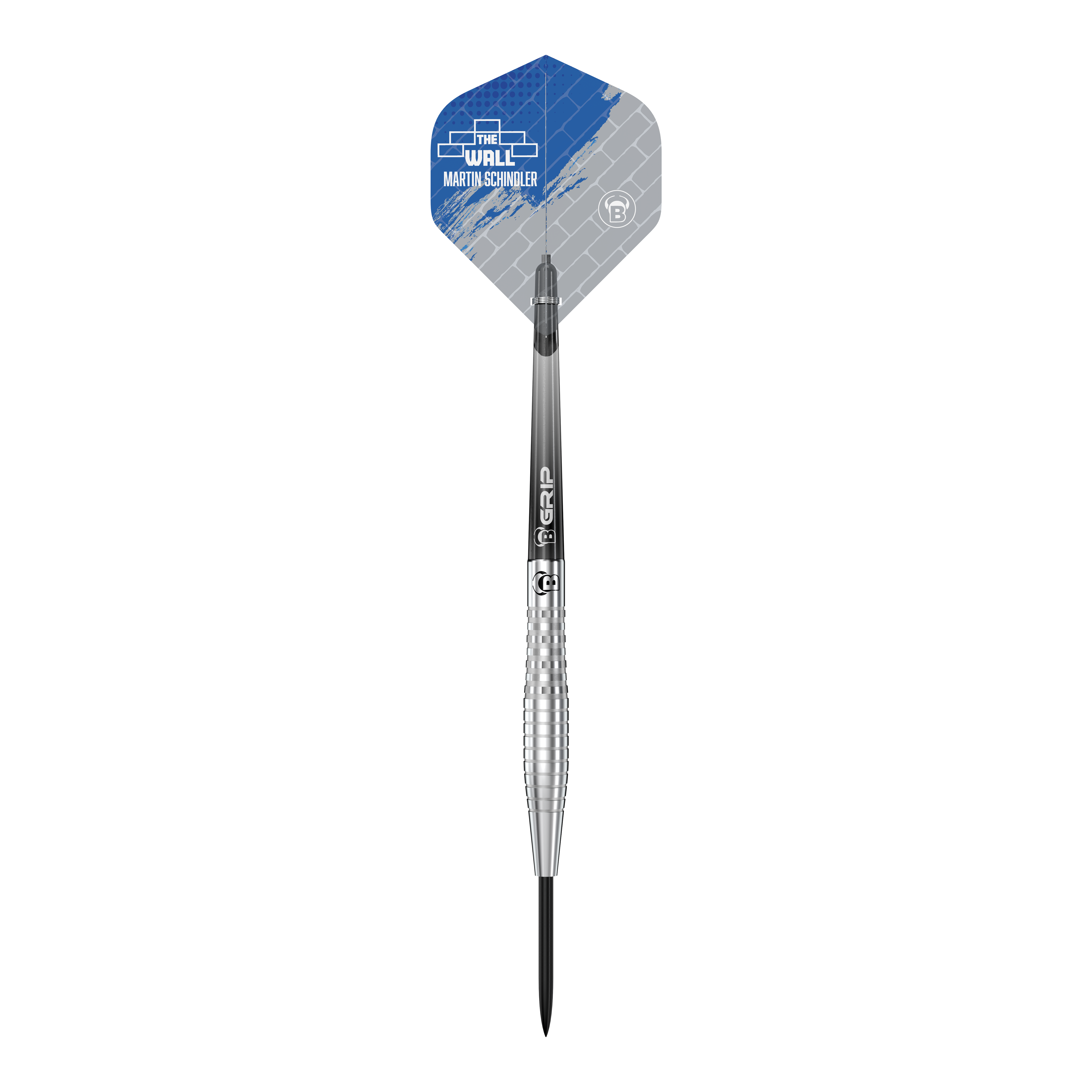 Bulls Martin Schindler Original Generation 2 steel darts Das Bild zeigt einen Bulls Martin Schindler Original Generation 2 Steeldart. Der Dartpfeil hat einen silbernen Schaft und eine blau-graue Flights mit dem Namen „Martin Schindler“.