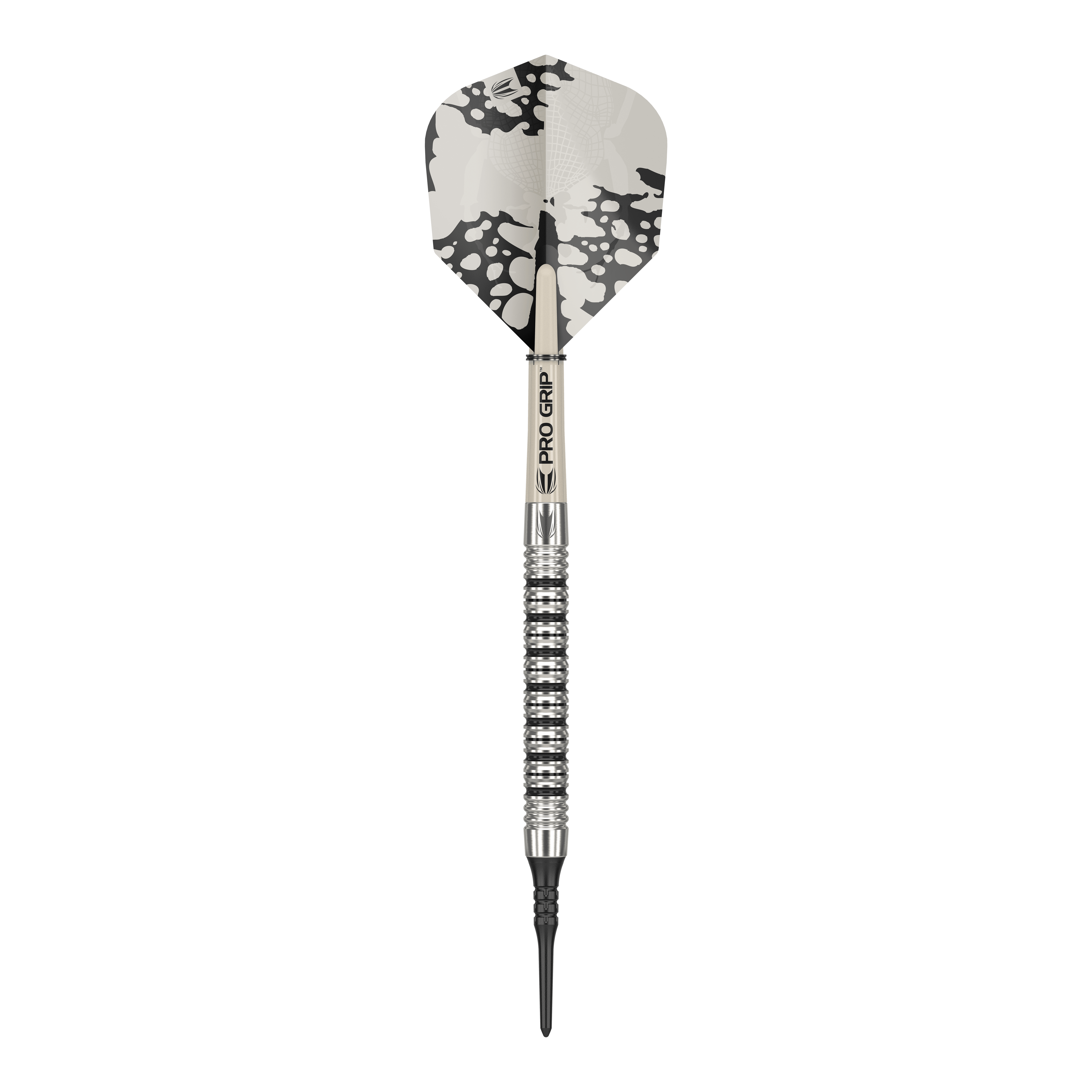 Target EXO 11 Soft Darts Dies ist ein Softdart des Modells "Target EXO 11". Er hat ein silbernes Barrel mit Rillen und ein Flight mit schwarz-weißem Muster.
