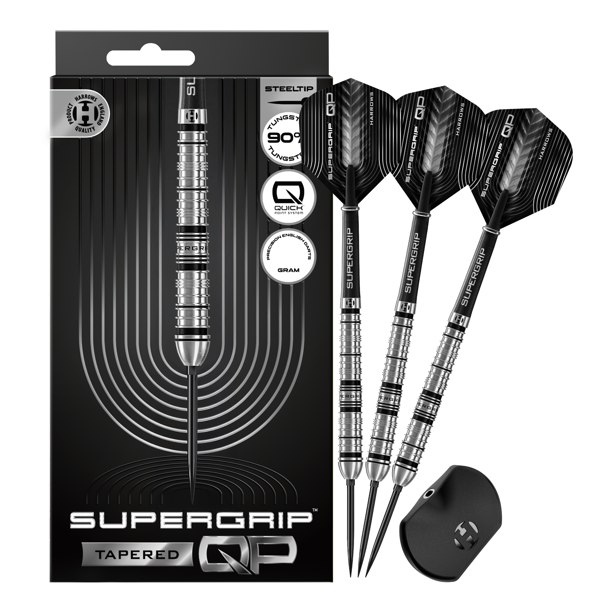 Harrows Supergrip Tapered Quick Point Steel Darts Abgebildet sind die Harrows Supergrip QP Tapered Quick Point Steeldarts. Es handelt sich um hochwertige Steeldarts für präzises Dartspiel.