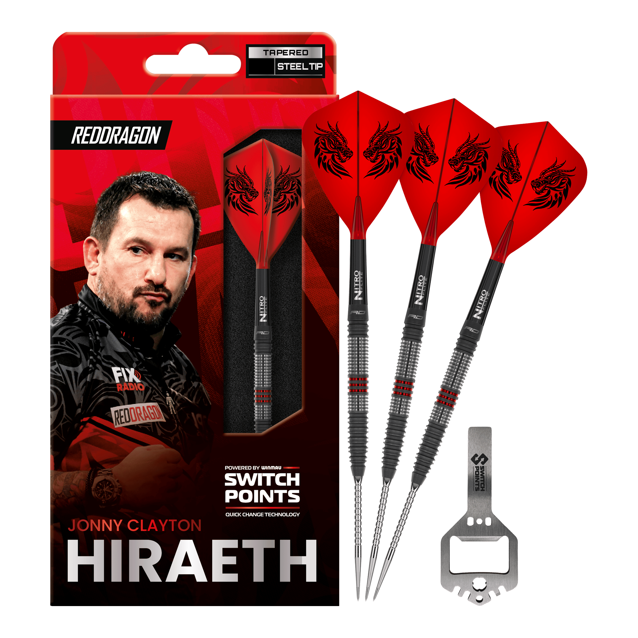 Zu sehen sind Red Dragon Jonny Clayton Hireath Switch Point Steeldarts. Sie haben eine markante Optik und sind ideal für Dartspieler geeignet.