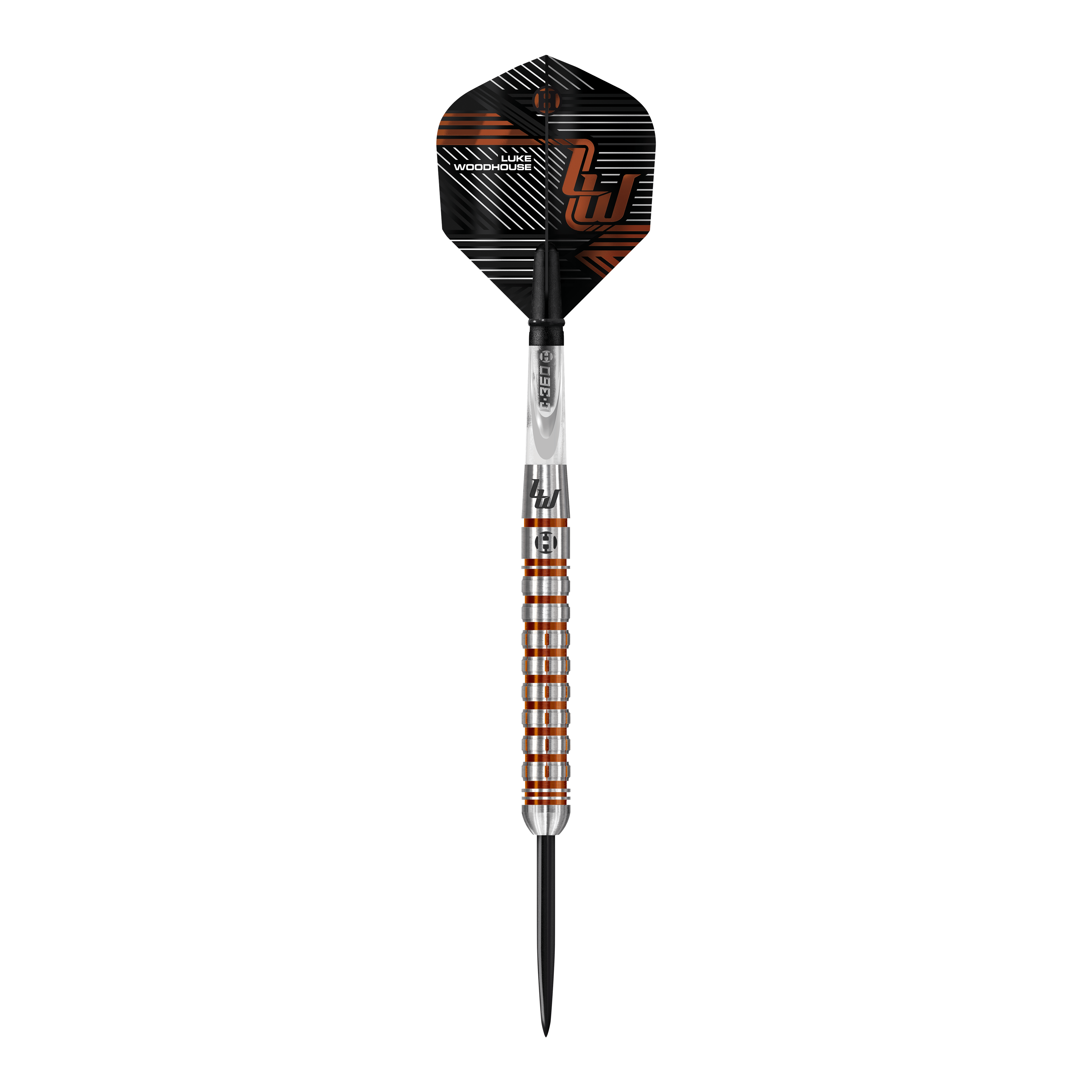 Harrow's Luke Woodhouse Series 2 steel darts Das Bild zeigt einen Steeldart der Marke "Harrows Luke Woodhouse Series 2". Der Dart hat ein auffälliges Design mit silbernen und bronzefarbenen Ringen am Griff und einer schwarz-orangen Flights.