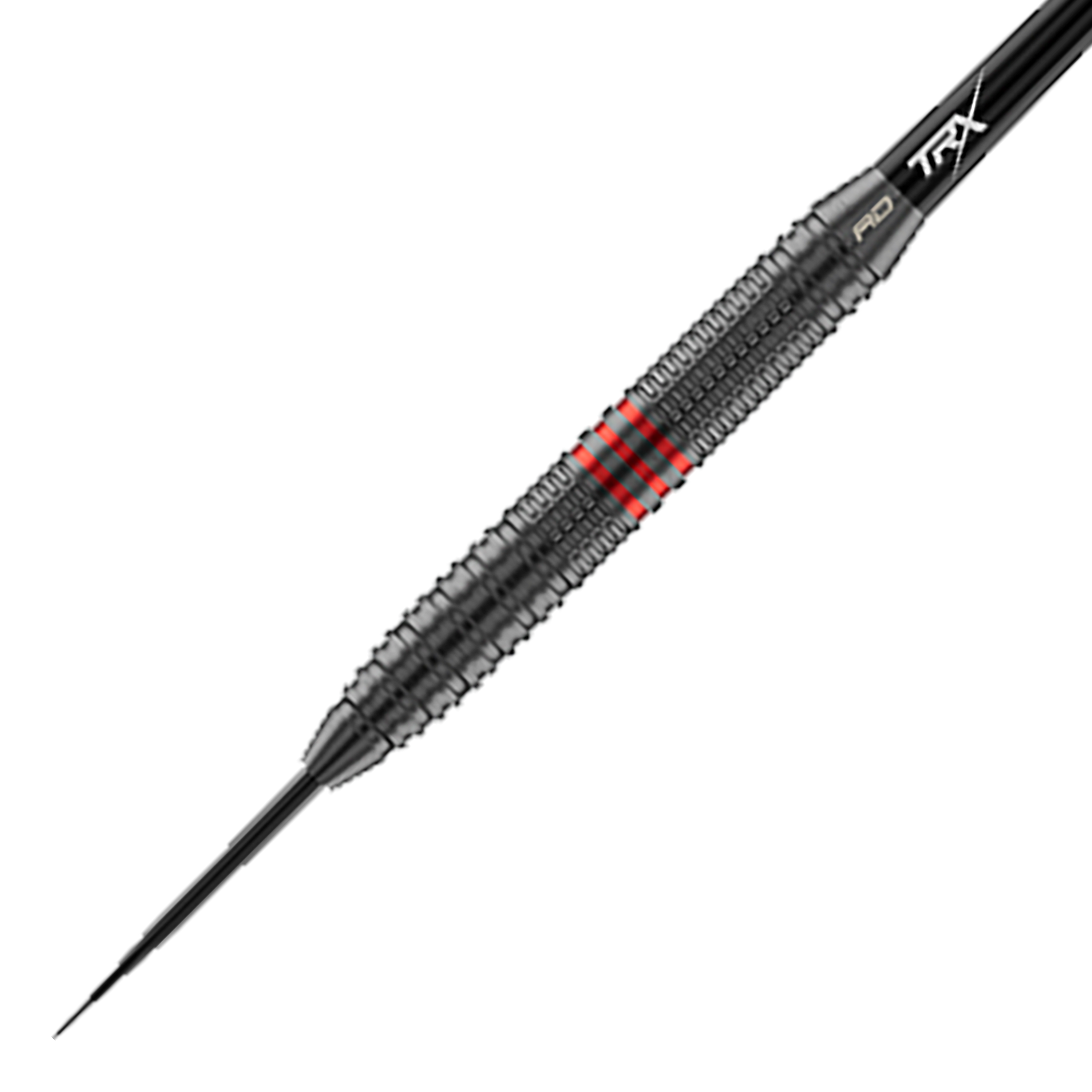 Hier ist ein Red Dragon Jonny Clayton Core Brass Steeldart - 21g aus einer anderen Perspektive zu sehen. Zu erkennen sind die goldenen und silbernen Details sowie ein roter und schwarzer Flight.