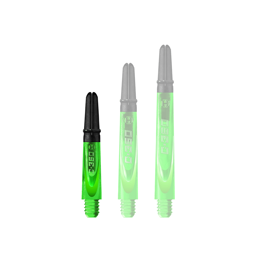 HR452_Harrows_Carbon_360_Shafts_Gr-n_35mm_1 Auf dem Bild sind drei grüne Dartschafts mit schwarzem oberen Ende zu sehen. Die Schäfte sind unterschiedlich lang und haben die Aufschrift „C-360“.